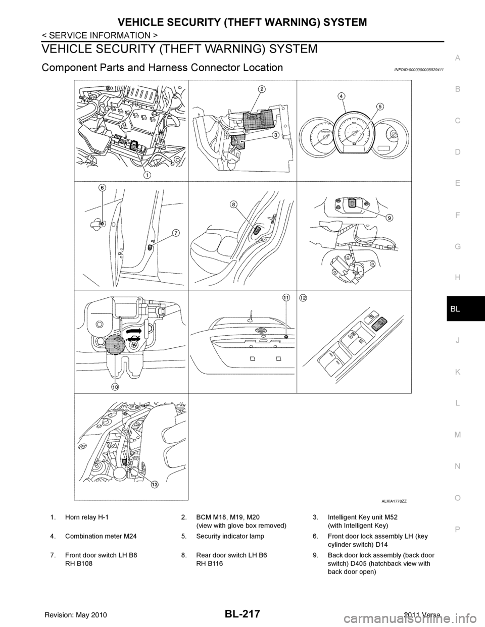 NISSAN LATIO 2011  Service Repair Manual VEHICLE SECURITY (THEFT WARNING) SYSTEMBL-217
< SERVICE INFORMATION >
C
DE
F
G H
J
K L
M A
B
BL
N
O P
VEHICLE SECURITY (THE FT WARNING) SYSTEM
Component Parts and Harness Connector LocationINFOID:0000