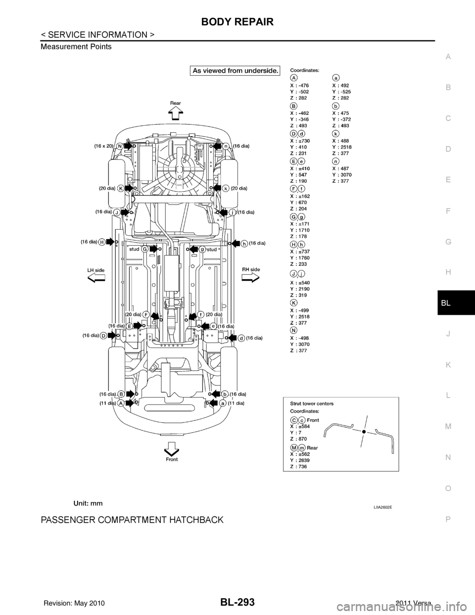NISSAN LATIO 2011  Service Repair Manual BODY REPAIRBL-293
< SERVICE INFORMATION >
C
DE
F
G H
J
K L
M A
B
BL
N
O P
Measurement Points
PASSENGER COMPARTMENT HATCHBACK
LIIA2602E
Revision: May 2010
2011 Versa 
