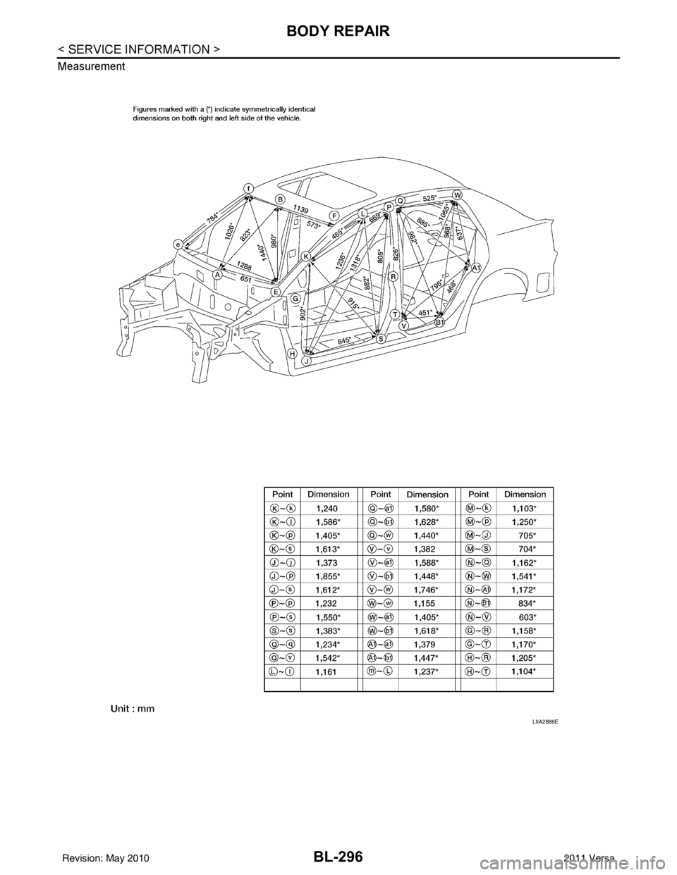 NISSAN LATIO 2011  Service Repair Manual BL-296
< SERVICE INFORMATION >
BODY REPAIR
Measurement
LIIA2886E
Revision: May 20102011 Versa 