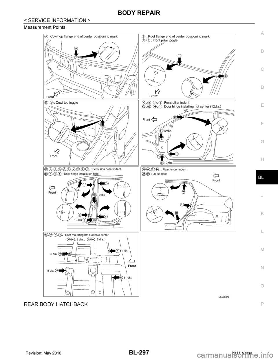 NISSAN LATIO 2011  Service Repair Manual BODY REPAIRBL-297
< SERVICE INFORMATION >
C
DE
F
G H
J
K L
M A
B
BL
N
O P
Measurement Points
REAR BODY HATCHBACK
LIIA2887E
Revision: May 2010
2011 Versa 