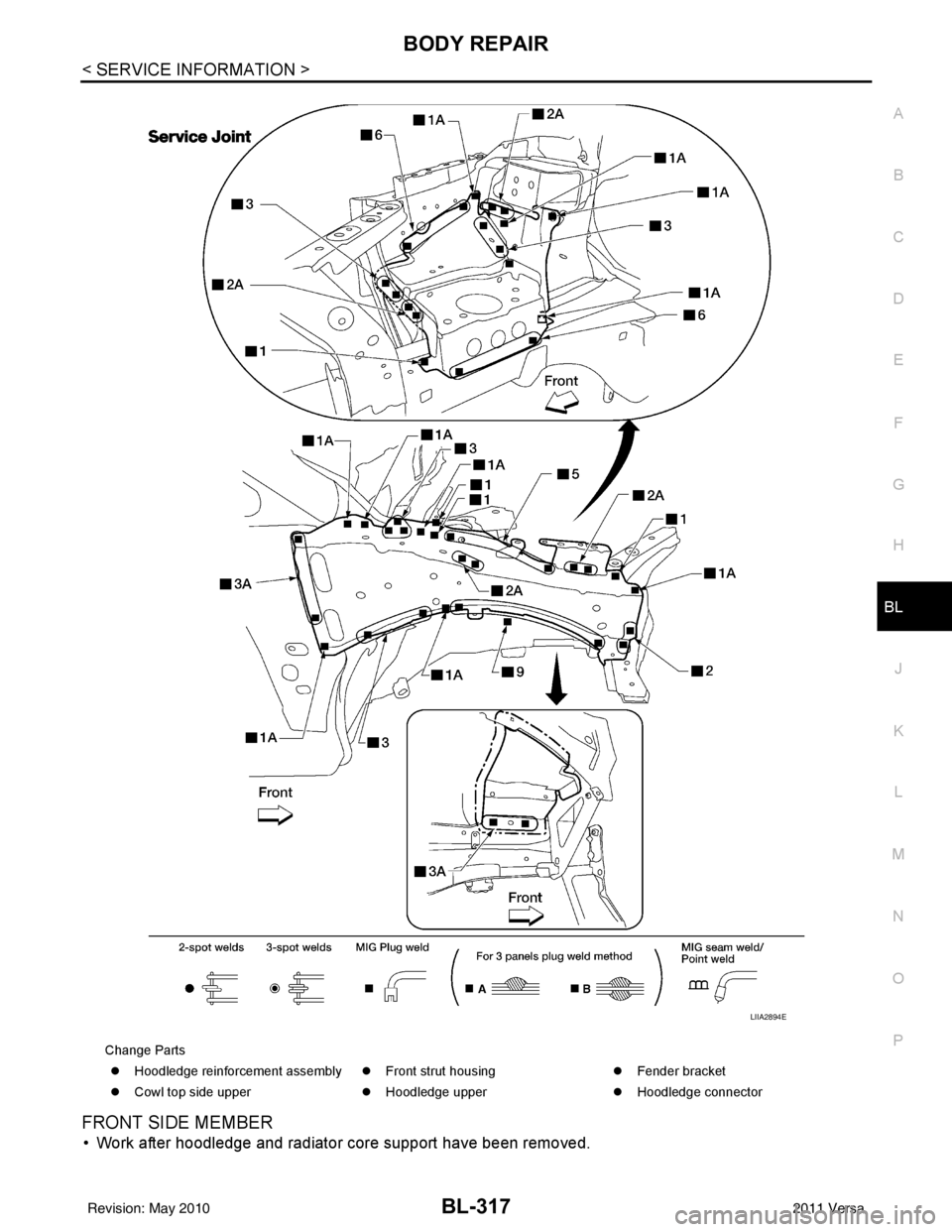 NISSAN LATIO 2011  Service Repair Manual BODY REPAIRBL-317
< SERVICE INFORMATION >
C
DE
F
G H
J
K L
M A
B
BL
N
O P
FRONT SIDE MEMBER
• Work after hoodledge and radiator core support have been removed.
Change Parts �z Hoodledge reinforcemen