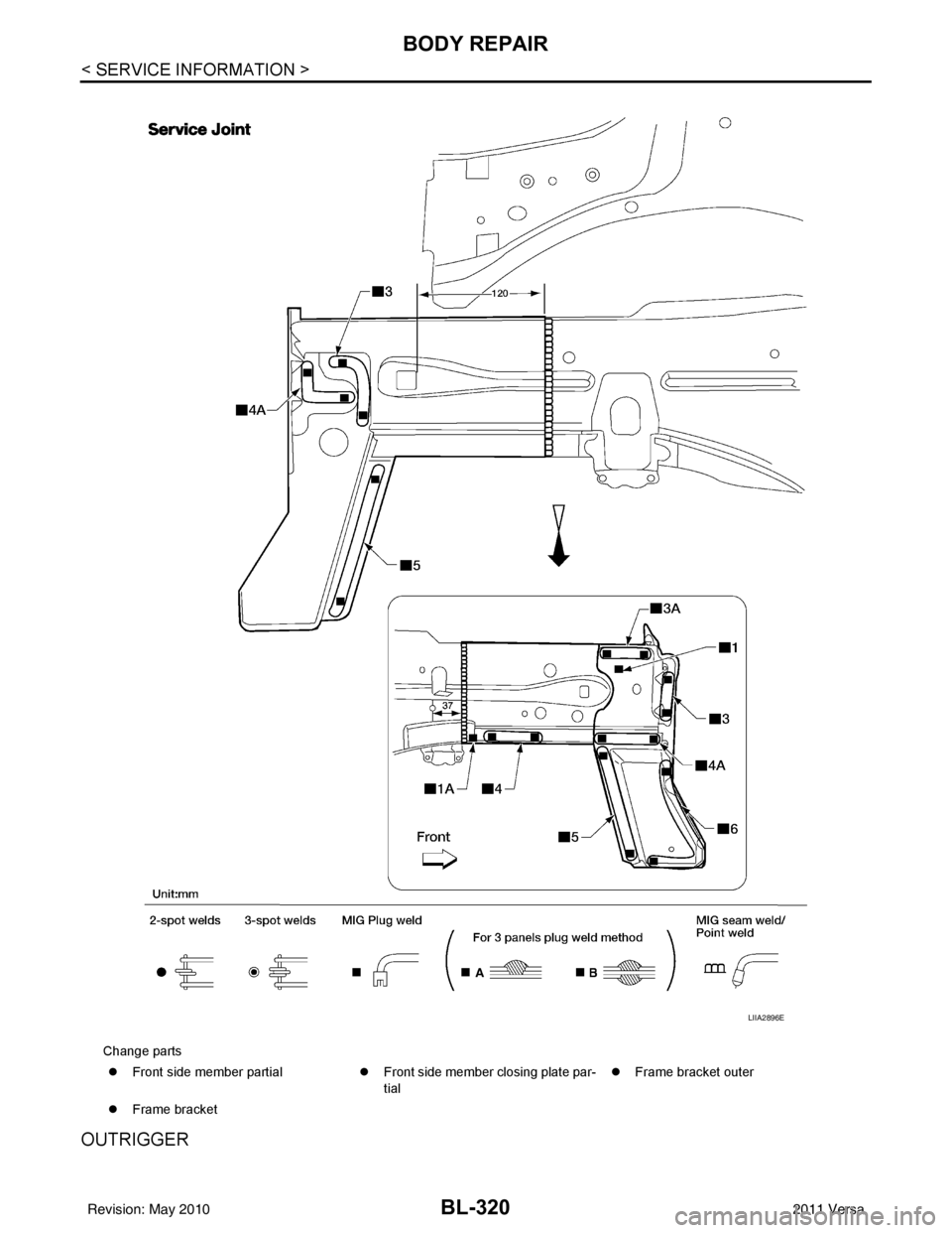 NISSAN LATIO 2011  Service Repair Manual BL-320
< SERVICE INFORMATION >
BODY REPAIR
OUTRIGGER
Change parts�z Front side member partial �zFront side member closing plate par-
tial �z
Frame bracket outer
�z Frame bracket
LIIA2896E
Revision: Ma