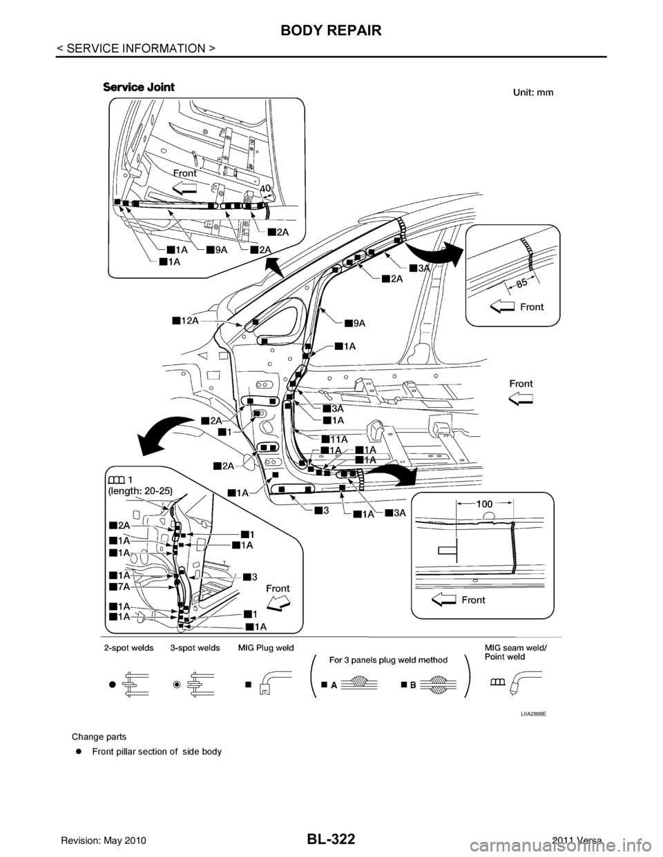 NISSAN LATIO 2011  Service Repair Manual BL-322
< SERVICE INFORMATION >
BODY REPAIR
Change parts�z Front pillar section of  side body
LIIA2898E
Revision: May 2010 2011 Versa 