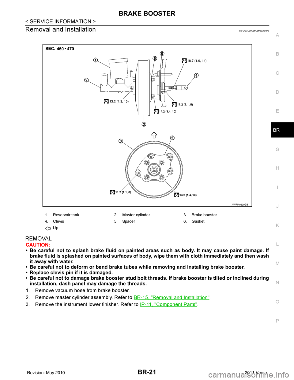 NISSAN LATIO 2011  Service Repair Manual BRAKE BOOSTERBR-21
< SERVICE INFORMATION >
C
DE
G H
I
J
K L
M A
B
BR
N
O P
Removal and InstallationINFOID:0000000005928406
REMOVAL
CAUTION:
• Be careful not to splash brake fluid on painted areas su