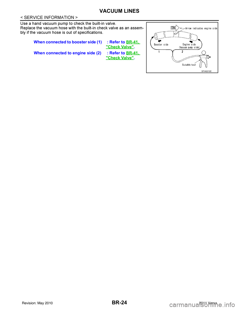 NISSAN LATIO 2011  Service Repair Manual BR-24
< SERVICE INFORMATION >
VACUUM LINES
Use a hand vacuum pump to check the built-in valve.
Replace the vacuum hose with the built-in check valve as an assem-
bly if the vacuum hose is out of speci