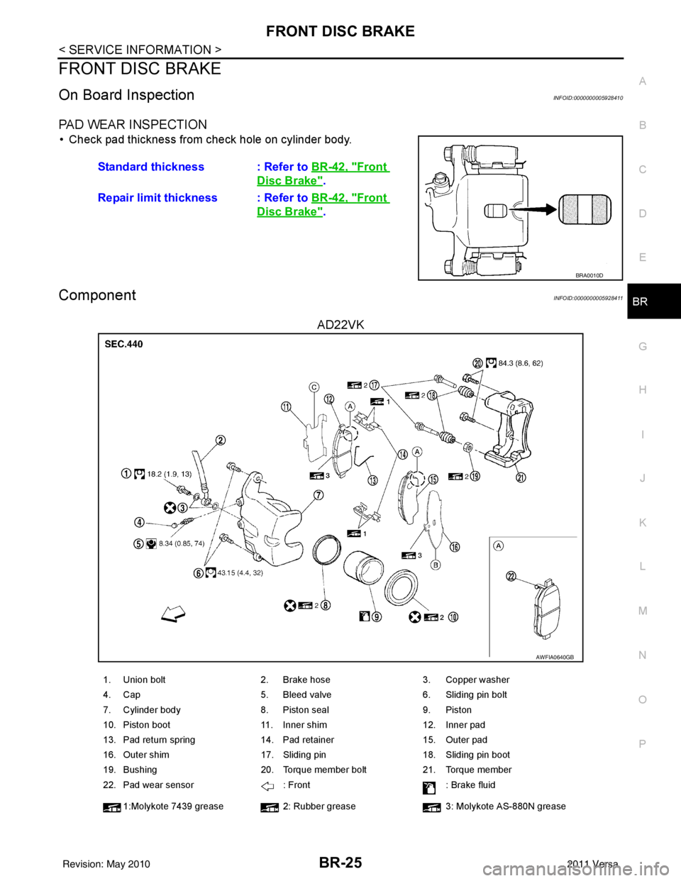 NISSAN LATIO 2011  Service Repair Manual FRONT DISC BRAKEBR-25
< SERVICE INFORMATION >
C
DE
G H
I
J
K L
M A
B
BR
N
O P
FRONT DISC BRAKE
On Board InspectionINFOID:0000000005928410
PAD WEAR INSPECTION
• Check pad thickness from check hole on