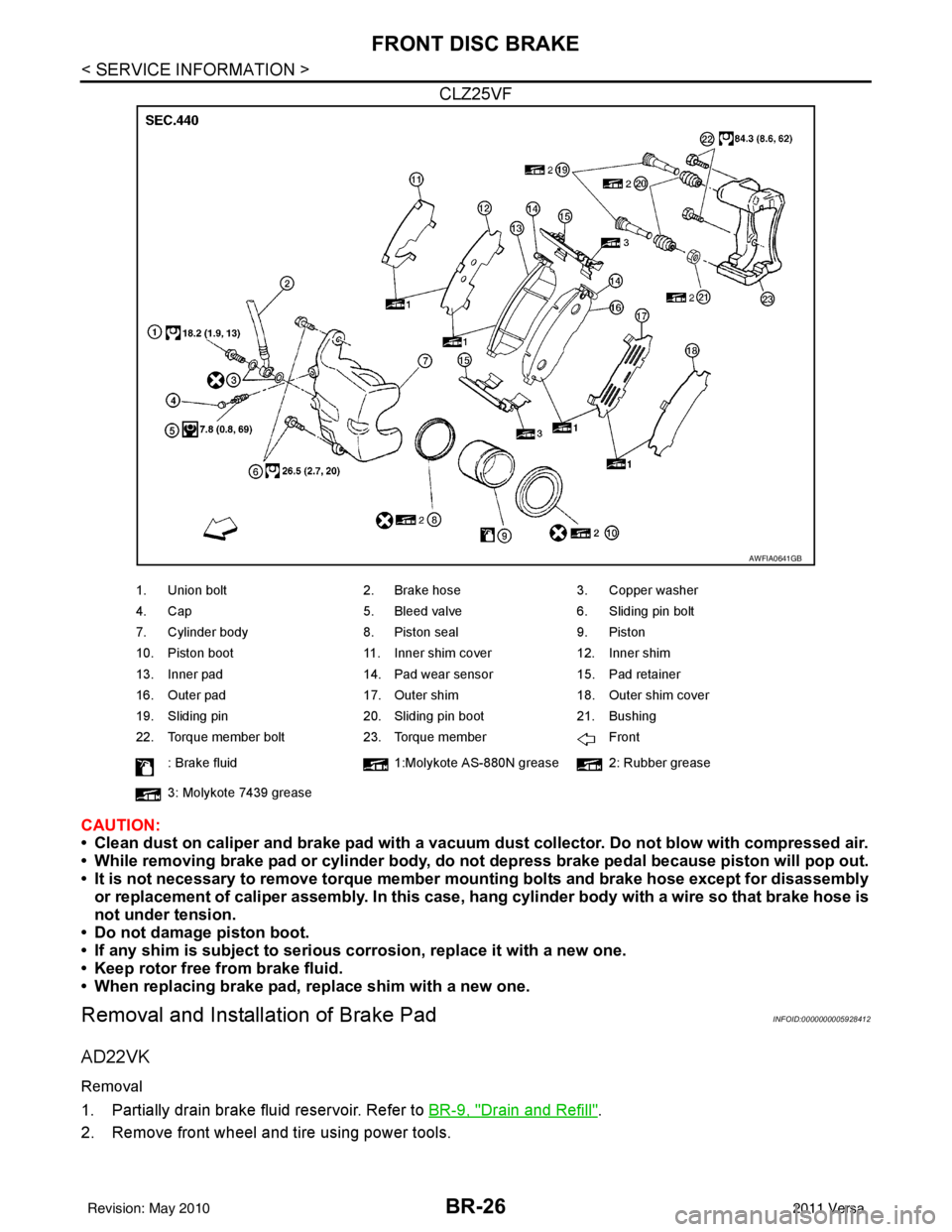 NISSAN LATIO 2011 Service Repair Manual BR-26
< SERVICE INFORMATION >
FRONT DISC BRAKE
CLZ25VF
CAUTION:
• Clean dust on caliper and brake pad with a vacuum dust collector. Do not blow with compressed air.
• While removing brake pad or c NISSAN LATIO 2011 Service Repair Manual BR-26
< SERVICE INFORMATION >
FRONT DISC BRAKE
CLZ25VF
CAUTION:
• Clean dust on caliper and brake pad with a vacuum dust collector. Do not blow with compressed air.
• While removing brake pad or c