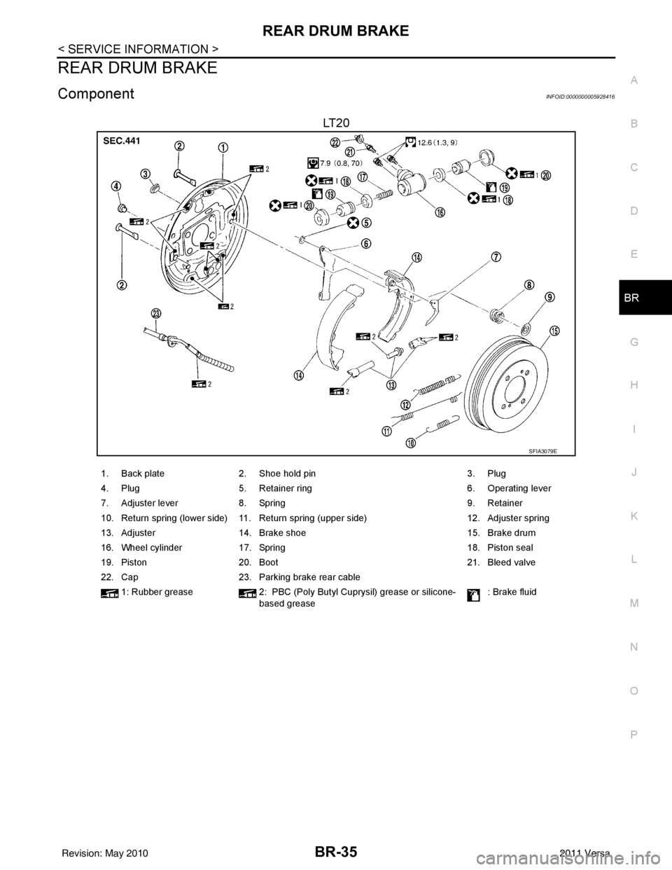 NISSAN LATIO 2011  Service Repair Manual REAR DRUM BRAKEBR-35
< SERVICE INFORMATION >
C
DE
G H
I
J
K L
M A
B
BR
N
O P
REAR DRUM BRAKE
ComponentINFOID:0000000005928416
LT 2 0
SFIA3079E
1. Back plate  2. Shoe hold pin 3. Plug
4. Plug 5. Retain