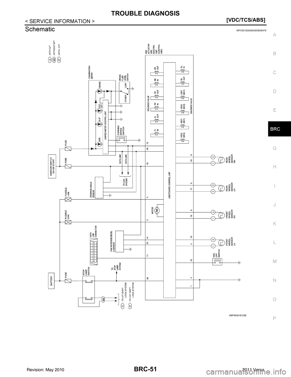 NISSAN LATIO 2011  Service Repair Manual TROUBLE DIAGNOSISBRC-51
< SERVICE INFORMATION > [VDC/TCS/ABS]
C
D
E
G H
I
J
K L
M A
B
BRC
N
O P
SchematicINFOID:0000000005928478
ABFWA0161GB
Revision: May 2010 2011 Versa 