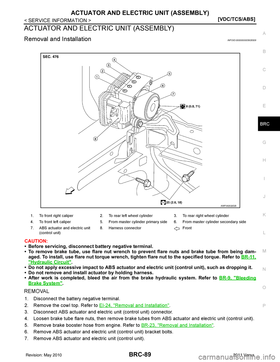 NISSAN LATIO 2011  Service Repair Manual ACTUATOR AND ELECTRIC UNIT (ASSEMBLY)BRC-89
< SERVICE INFORMATION > [VDC/TCS/ABS]
C
D
E
G H
I
J
K L
M A
B
BRC
N
O P
ACTUATOR AND ELECTRIC UNIT (ASSEMBLY)
Removal and InstallationINFOID:000000000592850