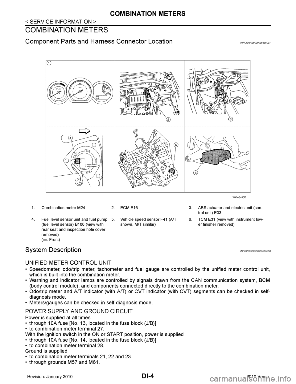 NISSAN LATIO 2010  Service Repair Manual DI-4
< SERVICE INFORMATION >
COMBINATION METERS
COMBINATION METERS
Component Parts and Harness Connector LocationINFOID:0000000005395007
System DescriptionINFOID:0000000005395008
UNIFIED METER CONTROL