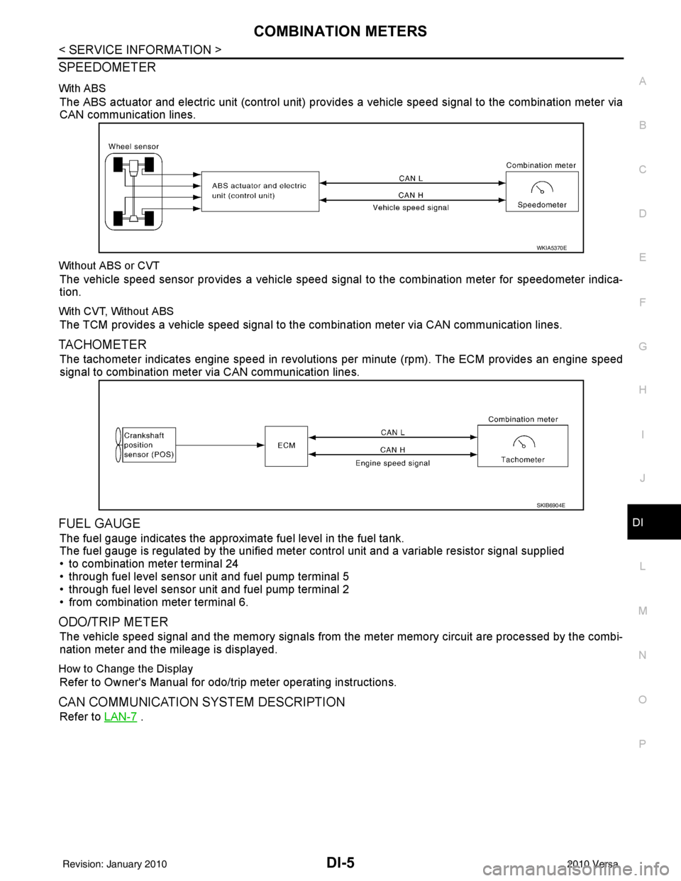 NISSAN LATIO 2010  Service Repair Manual COMBINATION METERSDI-5
< SERVICE INFORMATION >
C
DE
F
G H
I
J
L
M A
B
DI
N
O P
SPEEDOMETER
With ABS
The ABS actuator and electric unit (control unit) provi des a vehicle speed signal to the combinatio