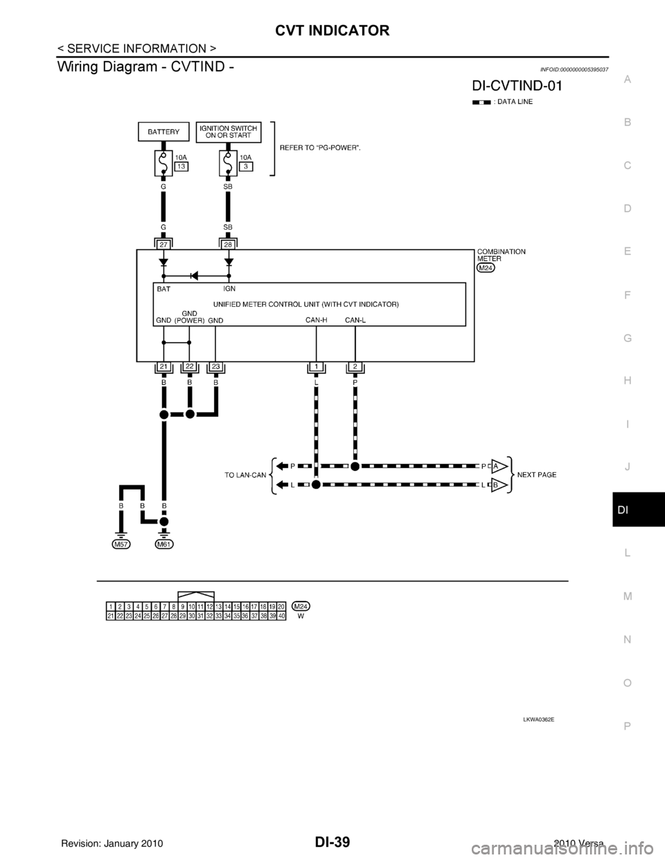 NISSAN LATIO 2010  Service Repair Manual CVT INDICATORDI-39
< SERVICE INFORMATION >
C
DE
F
G H
I
J
L
M A
B
DI
N
O P
Wiring Diagram - CVTIND -INFOID:0000000005395037
LKWA0362E
Revision: January 20102010 Versa 