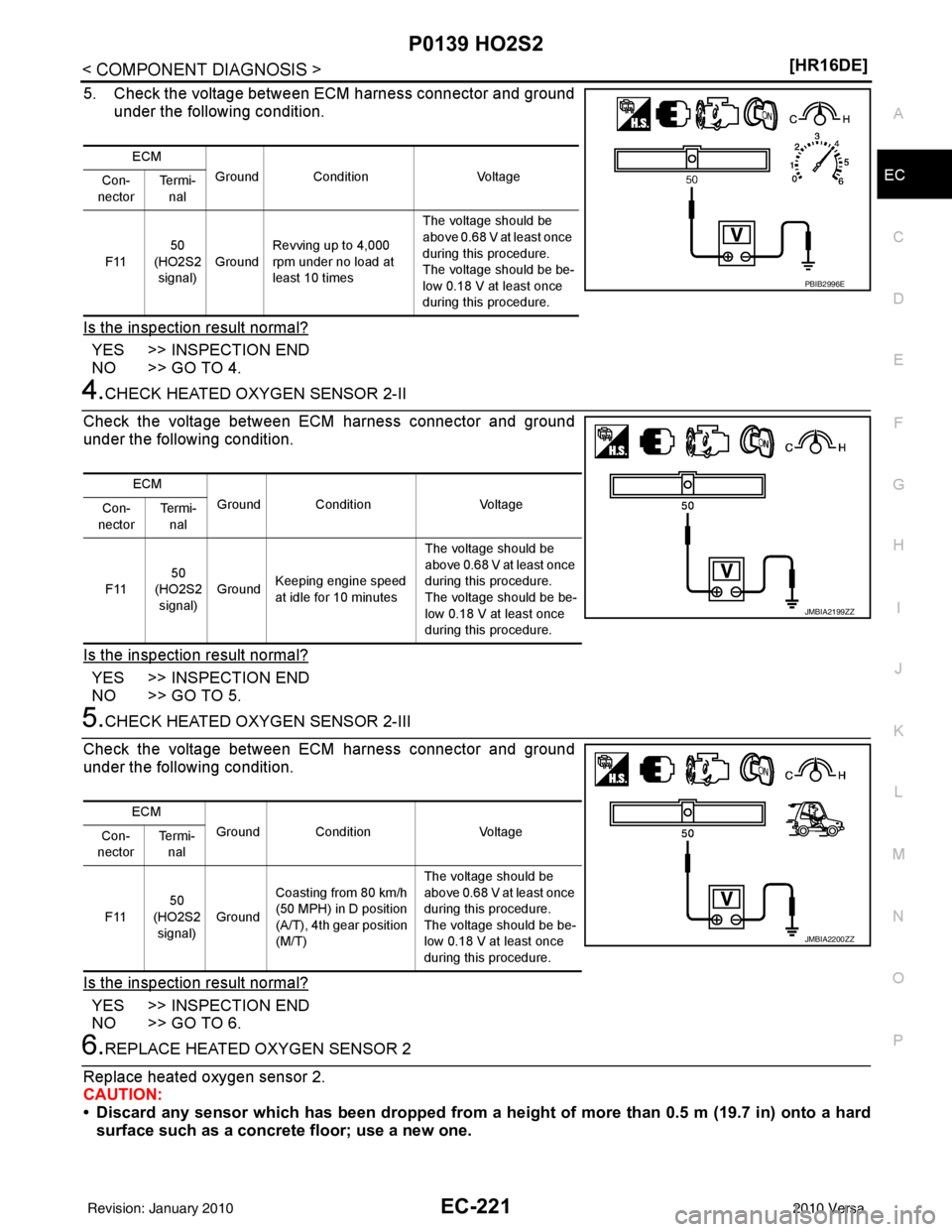 NISSAN LATIO 2010  Service Repair Manual P0139 HO2S2EC-221
< COMPONENT DIAGNOSIS > [HR16DE]
C
D
E
F
G H
I
J
K L
M A
EC
NP
O
5. Check the voltage between ECM harness connector and ground
under the following condition.
Is the inspection result