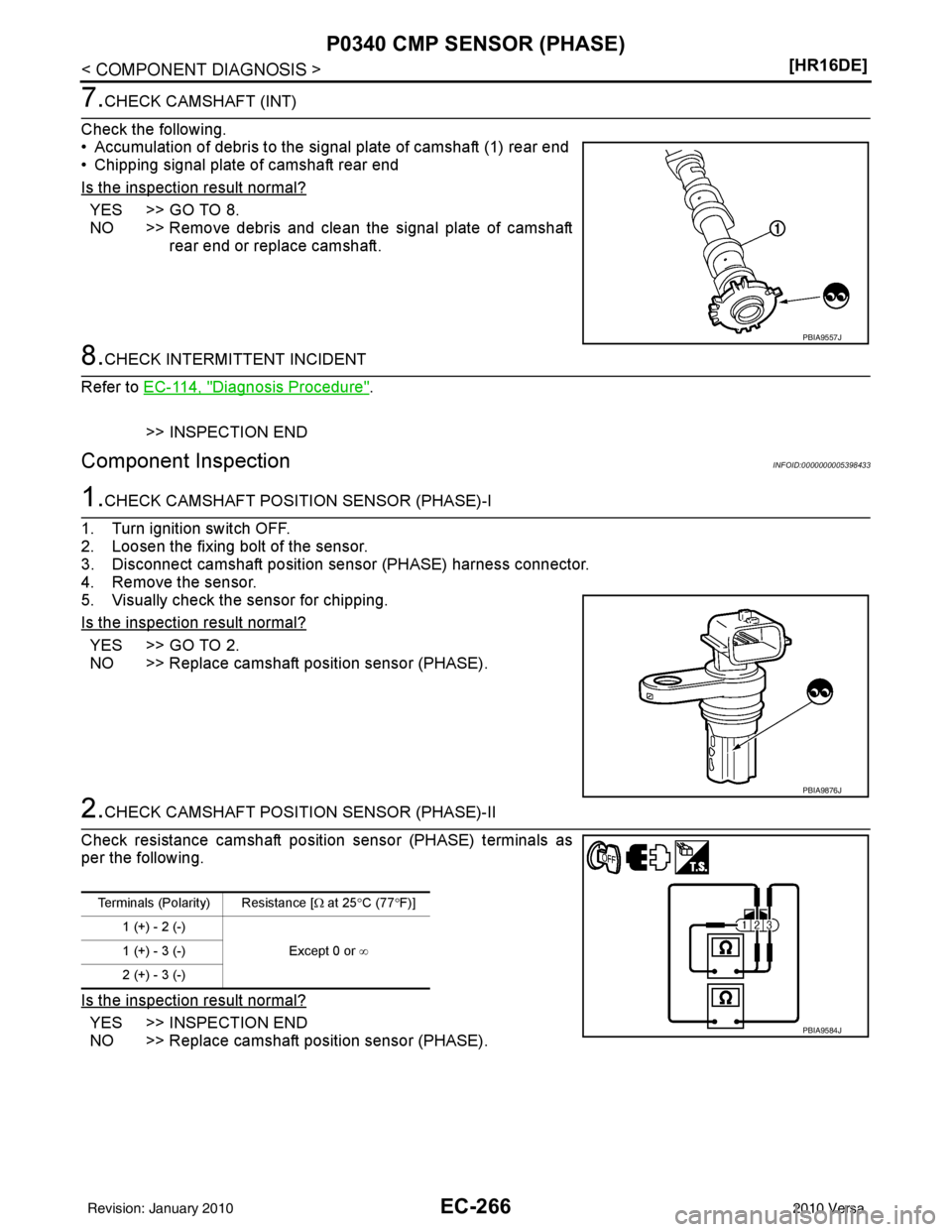 NISSAN LATIO 2010  Service Repair Manual EC-266
< COMPONENT DIAGNOSIS >[HR16DE]
P0340 CMP SENSOR (PHASE)
7.CHECK CAMSHAFT (INT)
Check the following.
• Accumulation of debris to the si gnal plate of camshaft (1) rear end
• Chipping signal