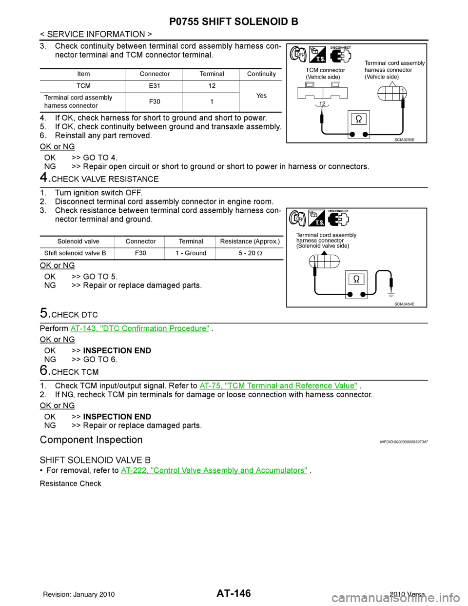 NISSAN LATIO 2010  Service Repair Manual AT-146
< SERVICE INFORMATION >
P0755 SHIFT SOLENOID B
3. Check continuity between terminal cord assembly harness con-nector terminal and TCM connector terminal.
4. If OK, check harness for short to gr