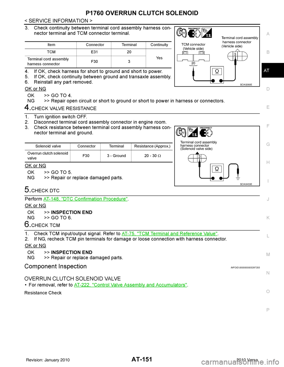 NISSAN LATIO 2010  Service Repair Manual P1760 OVERRUN CLUTCH SOLENOIDAT-151
< SERVICE INFORMATION >
DE
F
G H
I
J
K L
M A
B
AT
N
O P
3. Check continuity between terminal cord assembly harness con- nector terminal and TCM connector terminal.
