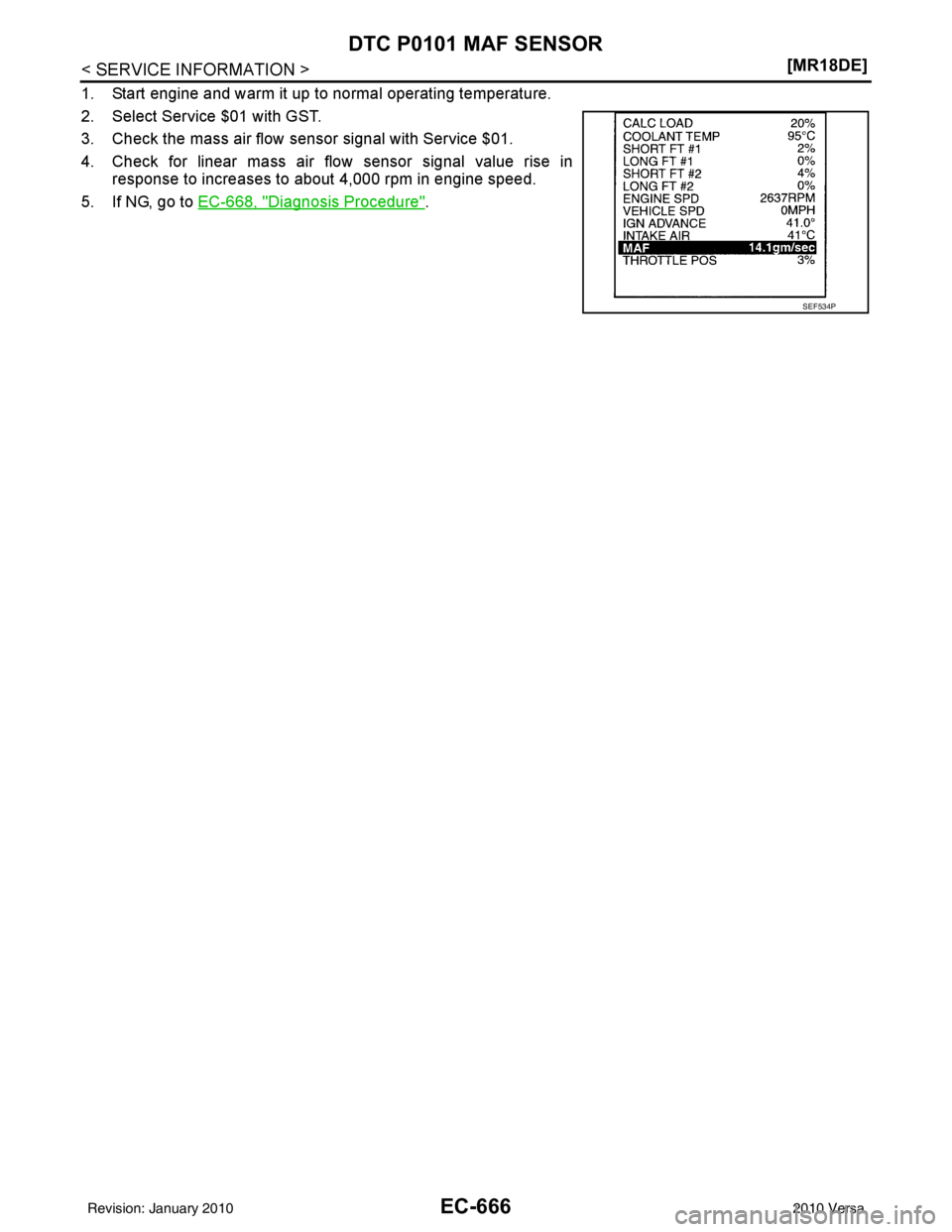 NISSAN LATIO 2010  Service Repair Manual EC-666
< SERVICE INFORMATION >[MR18DE]
DTC P0101 MAF SENSOR
1. Start engine and warm it up to normal operating temperature.
2. Select Service $01 with GST.
3. Check the mass air flow sensor signal wit