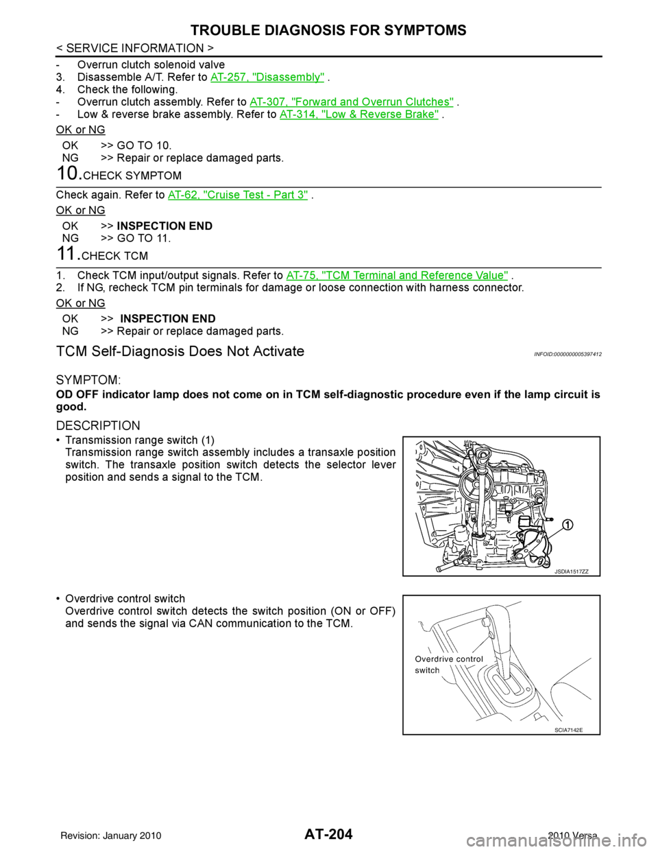 NISSAN LATIO 2010 Service Repair Manual AT-204
< SERVICE INFORMATION >
TROUBLE DIAGNOSIS FOR SYMPTOMS
- Overrun clutch solenoid valve
3. Disassemble A/T. Refer to AT-257, "
Disassembly" .
4. Check the following.
- Overrun clutch assembly. R NISSAN LATIO 2010 Service Repair Manual AT-204
< SERVICE INFORMATION >
TROUBLE DIAGNOSIS FOR SYMPTOMS
- Overrun clutch solenoid valve
3. Disassemble A/T. Refer to AT-257, "
Disassembly" .
4. Check the following.
- Overrun clutch assembly. R