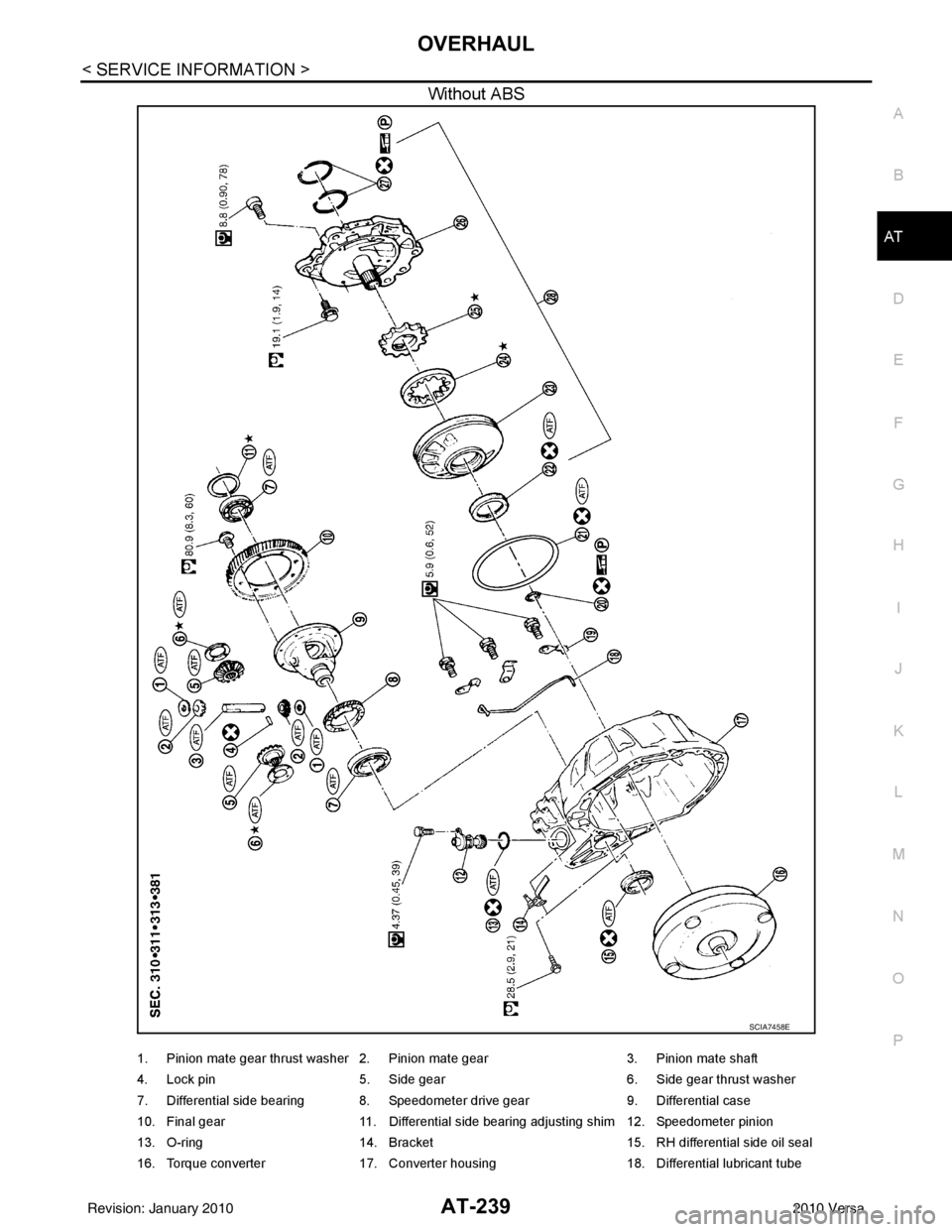 NISSAN LATIO 2010  Service Repair Manual OVERHAULAT-239
< SERVICE INFORMATION >
DE
F
G H
I
J
K L
M A
B
AT
N
O P
Without ABS
SCIA7458E
1. Pinion mate gear thrust washer 2. Pinion mate gear 3. Pinion mate shaft
4. Lock pin 5. Side gear 6. Side