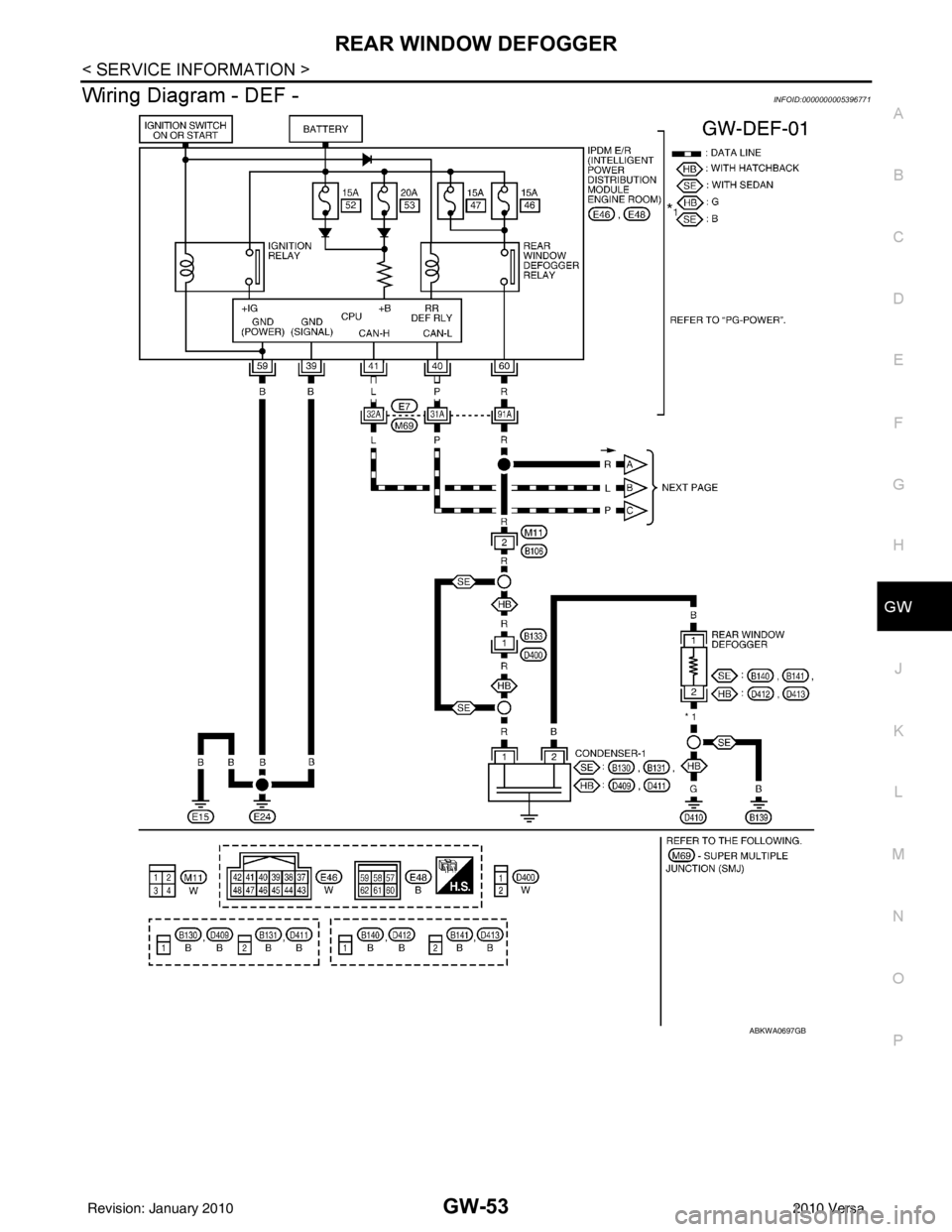 NISSAN LATIO 2010  Service Repair Manual REAR WINDOW DEFOGGERGW-53
< SERVICE INFORMATION >
C
DE
F
G H
J
K L
M A
B
GW
N
O P
Wiring Diagram - DEF -INFOID:0000000005396771
ABKWA0697GB
Revision: January 20102010 Versa 