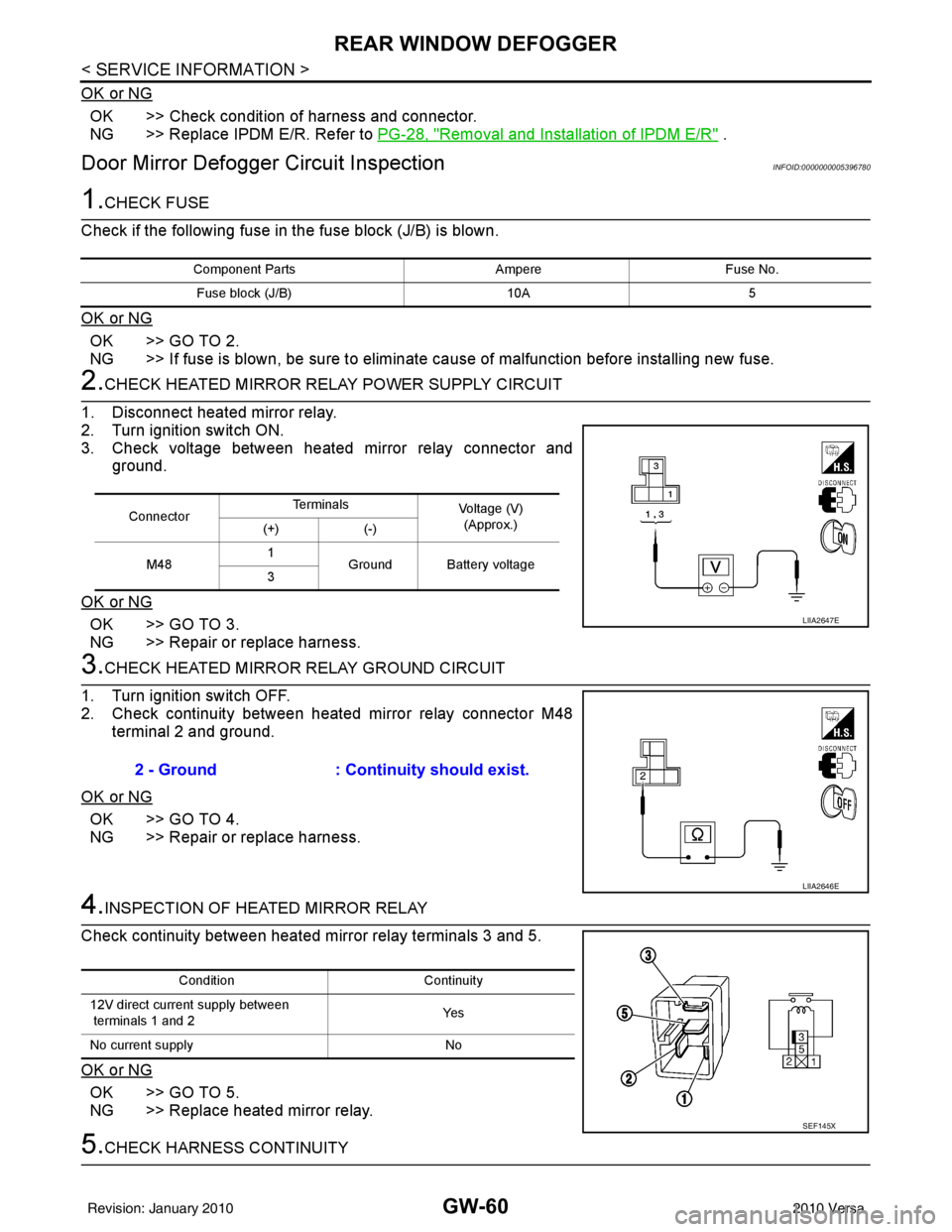NISSAN LATIO 2010  Service Repair Manual GW-60
< SERVICE INFORMATION >
REAR WINDOW DEFOGGER
OK or NG
OK >> Check condition of harness and connector.
NG >> Replace IPDM E/R. Refer to PG-28, "
Removal and Installation of IPDM E/R" .
Door Mirro