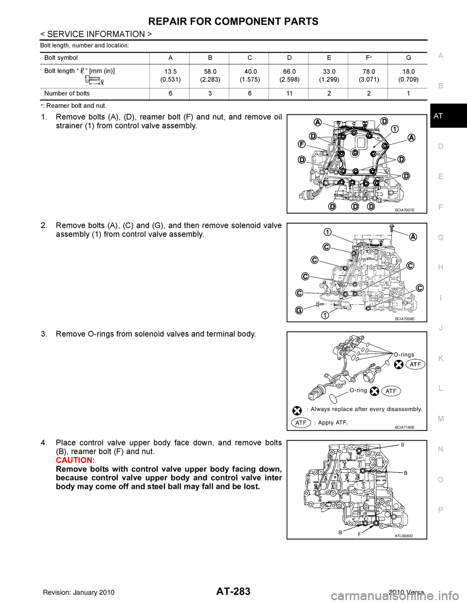 NISSAN LATIO 2010  Service Repair Manual REPAIR FOR COMPONENT PARTSAT-283
< SERVICE INFORMATION >
DE
F
G H
I
J
K L
M A
B
AT
N
O P
Bolt length, number and location:
*: Reamer bolt and nut.
1. Remove bolts (A), (D), reamer bolt (F) and nut, an