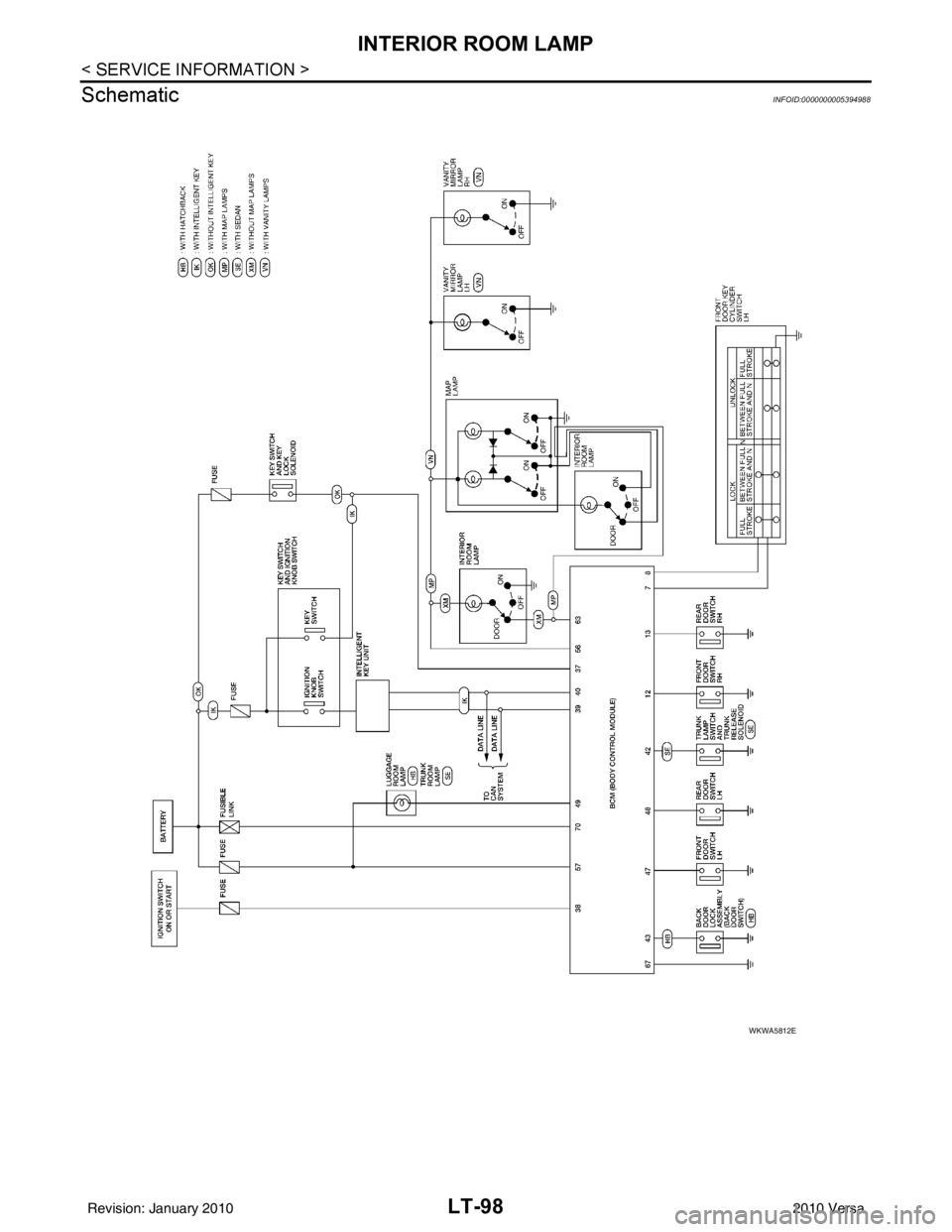 NISSAN LATIO 2010  Service Repair Manual LT-98
< SERVICE INFORMATION >
INTERIOR ROOM LAMP
Schematic
INFOID:0000000005394988
WKWA5812E
Revision: January 20102010 Versa 