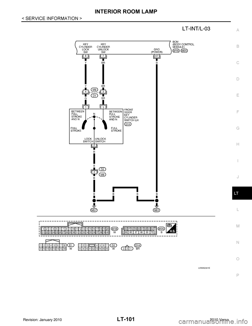 NISSAN LATIO 2010  Service Repair Manual INTERIOR ROOM LAMPLT-101
< SERVICE INFORMATION >
C
DE
F
G H
I
J
L
M A
B
LT
N
O P
LKWA0341E
Revision: January 20102010 Versa 
