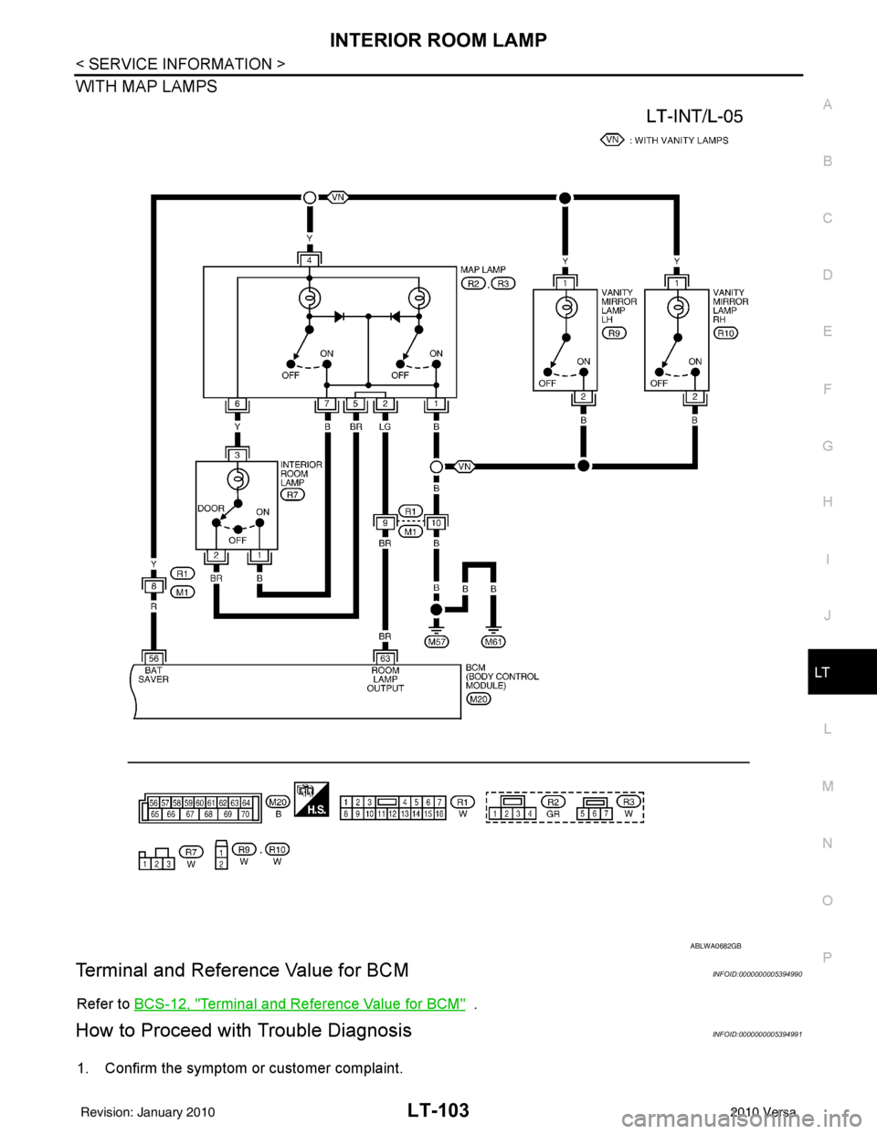 NISSAN LATIO 2010  Service Repair Manual INTERIOR ROOM LAMPLT-103
< SERVICE INFORMATION >
C
DE
F
G H
I
J
L
M A
B
LT
N
O P
WITH MAP LAMPS
Terminal and Reference Value for BCMINFOID:0000000005394990
Refer to  BCS-12, "Terminal and Reference Va
