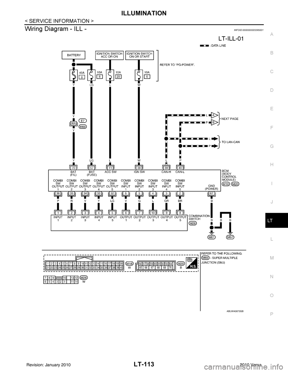 NISSAN LATIO 2010  Service Repair Manual ILLUMINATIONLT-113
< SERVICE INFORMATION >
C
DE
F
G H
I
J
L
M A
B
LT
N
O P
Wiring Diagram - ILL -INFOID:0000000005395001
ABLWA0673GB
Revision: January 20102010 Versa 