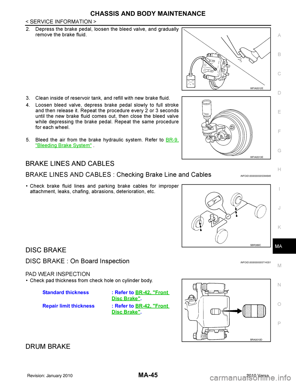 NISSAN LATIO 2010 Service Repair Manual CHASSIS AND BODY MAINTENANCEMA-45
< SERVICE INFORMATION >
C
DE
F
G H
I
J
K
M A
B
MA
N
O P
2. Depress the brake pedal, loosen the bleed valve, and gradually remove the brake fluid.
3. Clean inside of r NISSAN LATIO 2010 Service Repair Manual CHASSIS AND BODY MAINTENANCEMA-45
< SERVICE INFORMATION >
C
DE
F
G H
I
J
K
M A
B
MA
N
O P
2. Depress the brake pedal, loosen the bleed valve, and gradually remove the brake fluid.
3. Clean inside of r