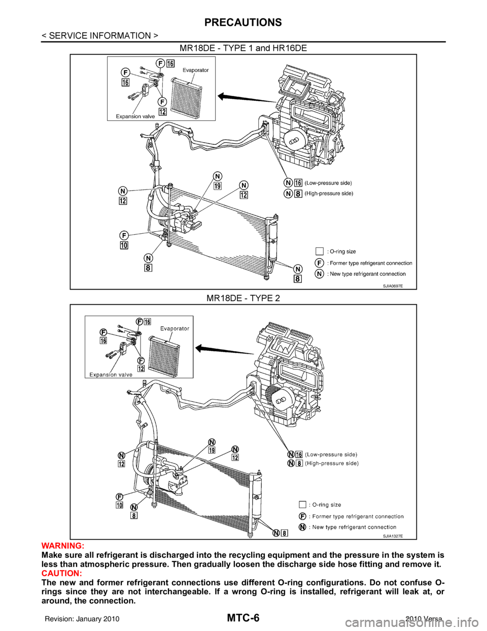 NISSAN LATIO 2010  Service Repair Manual MTC-6
< SERVICE INFORMATION >
PRECAUTIONS
MR18DE - TYPE 1 and HR16DEMR18DE - TYPE 2
WARNING:
Make sure all refrigerant is discharged into the  recycling equipment and the pressure in the system is
les