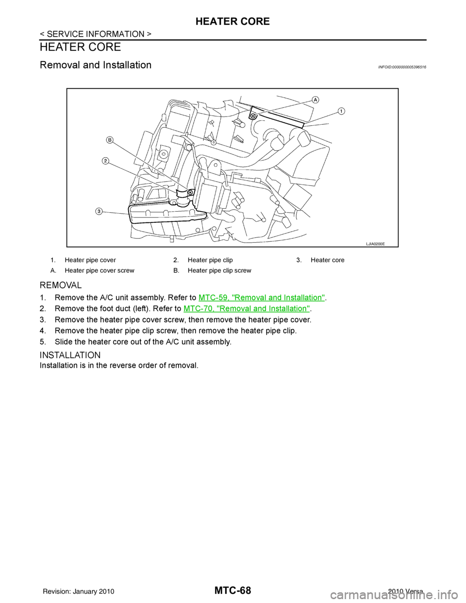 NISSAN LATIO 2010  Service Repair Manual MTC-68
< SERVICE INFORMATION >
HEATER CORE
HEATER CORE
Removal and InstallationINFOID:0000000005396516
REMOVAL
1. Remove the A/C unit assembly. Refer to MTC-59, "Removal and Installation".
2. Remove t