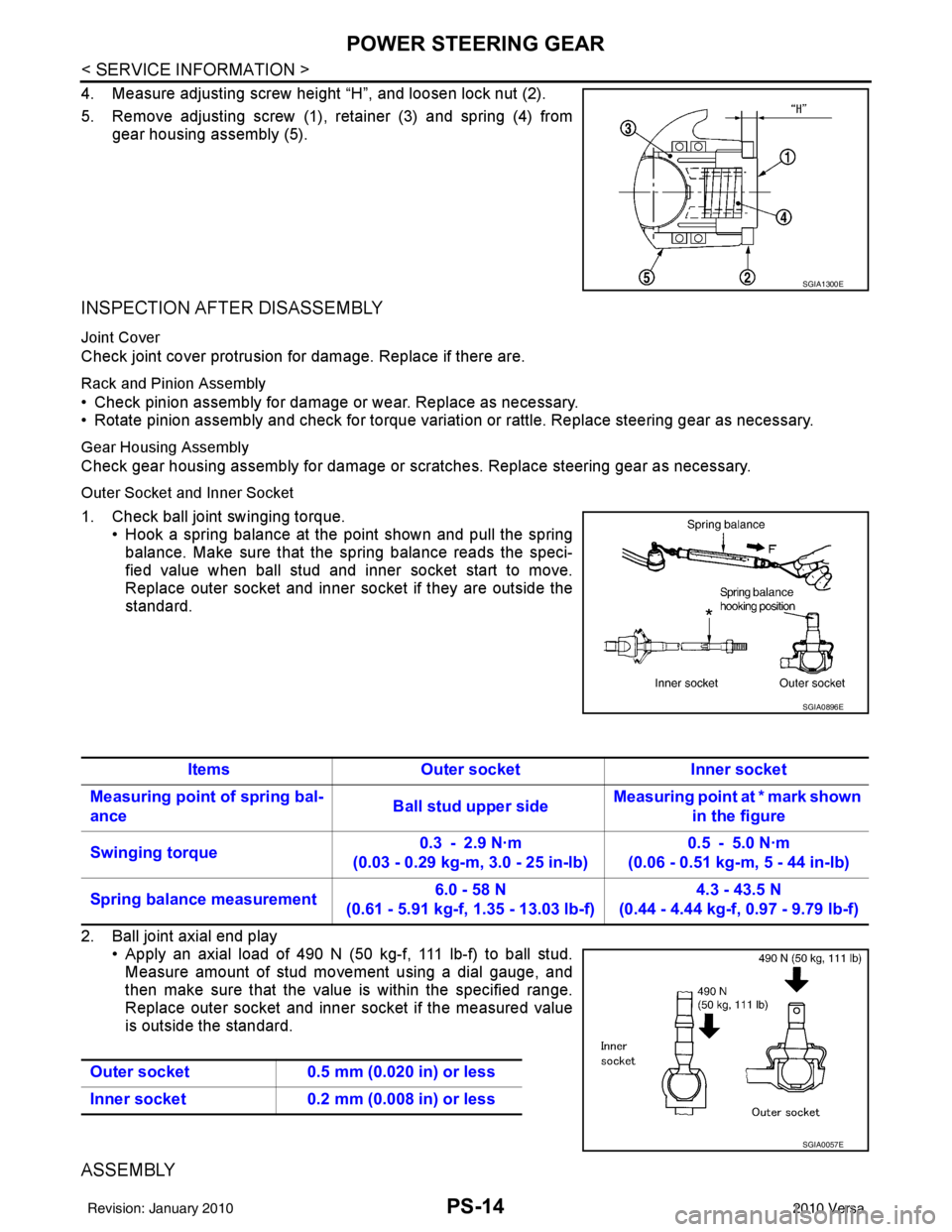 NISSAN LATIO 2010 Service Repair Manual PS-14
< SERVICE INFORMATION >
POWER STEERING GEAR
4. Measure adjusting screw height “H”, and loosen lock nut (2).
5. Remove adjusting screw (1), retainer (3) and spring (4) fromgear housing assemb NISSAN LATIO 2010 Service Repair Manual PS-14
< SERVICE INFORMATION >
POWER STEERING GEAR
4. Measure adjusting screw height “H”, and loosen lock nut (2).
5. Remove adjusting screw (1), retainer (3) and spring (4) fromgear housing assemb
