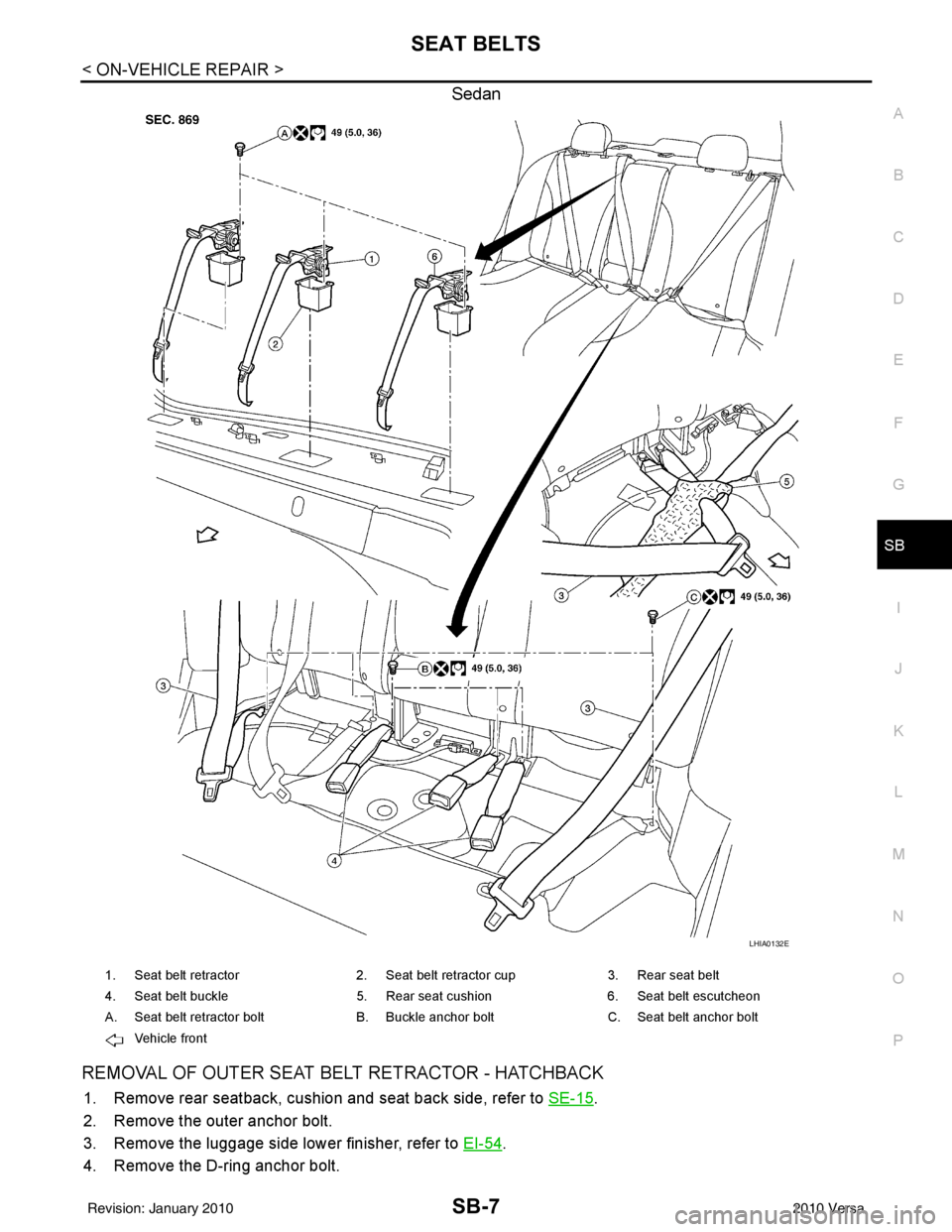 NISSAN LATIO 2010  Service Repair Manual SEAT BELTSSB-7
< ON-VEHICLE REPAIR >
C
DE
F
G
I
J
K L
M A
B
SB
N
O P
Sedan
REMOVAL OF OUTER SEAT BELT RETRACTOR - HATCHBACK
1. Remove rear seatback, cushion and seat back side, refer to  SE-15.
2. Rem