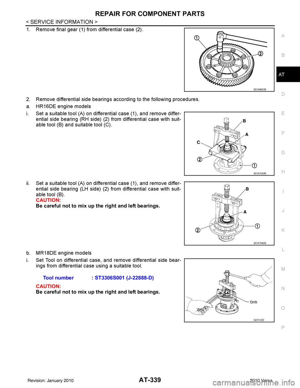 NISSAN LATIO 2010  Service Repair Manual REPAIR FOR COMPONENT PARTSAT-339
< SERVICE INFORMATION >
DE
F
G H
I
J
K L
M A
B
AT
N
O P
1. Remove final gear (1) from differential case (2).
2. Remove differential side bearings according to the foll