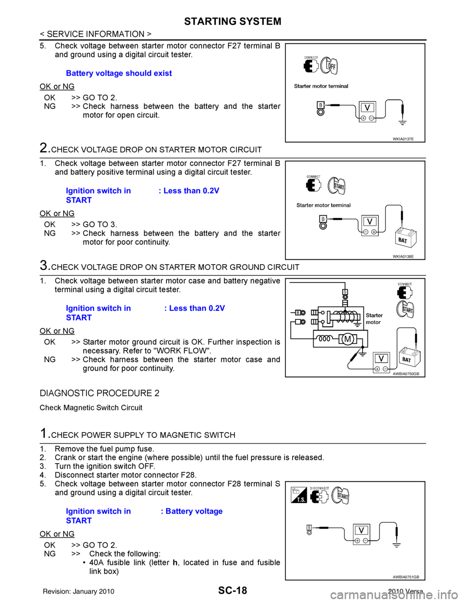 NISSAN LATIO 2010 Service Repair Manual SC-18
< SERVICE INFORMATION >
STARTING SYSTEM
5. Check voltage between starter motor connector F27 terminal Band ground using a digital circuit tester.
OK or NG
OK >> GO TO 2.
NG >> Check harness betw NISSAN LATIO 2010 Service Repair Manual SC-18
< SERVICE INFORMATION >
STARTING SYSTEM
5. Check voltage between starter motor connector F27 terminal Band ground using a digital circuit tester.
OK or NG
OK >> GO TO 2.
NG >> Check harness betw