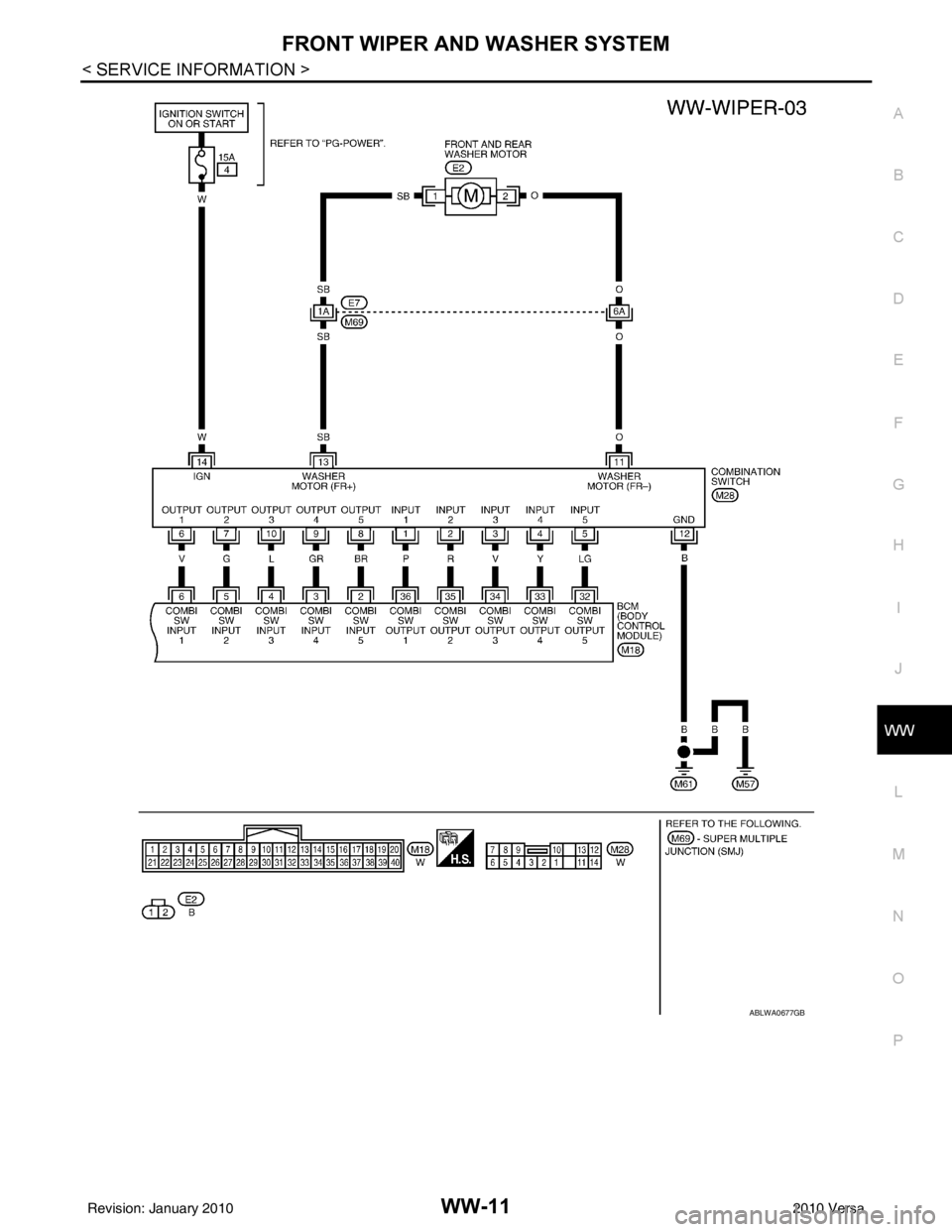 NISSAN LATIO 2010  Service Repair Manual FRONT WIPER AND WASHER SYSTEMWW-11
< SERVICE INFORMATION >
C
DE
F
G H
I
J
L
M A
B
WW
N
O P
ABLWA0677GB
Revision: January 20102010 Versa 