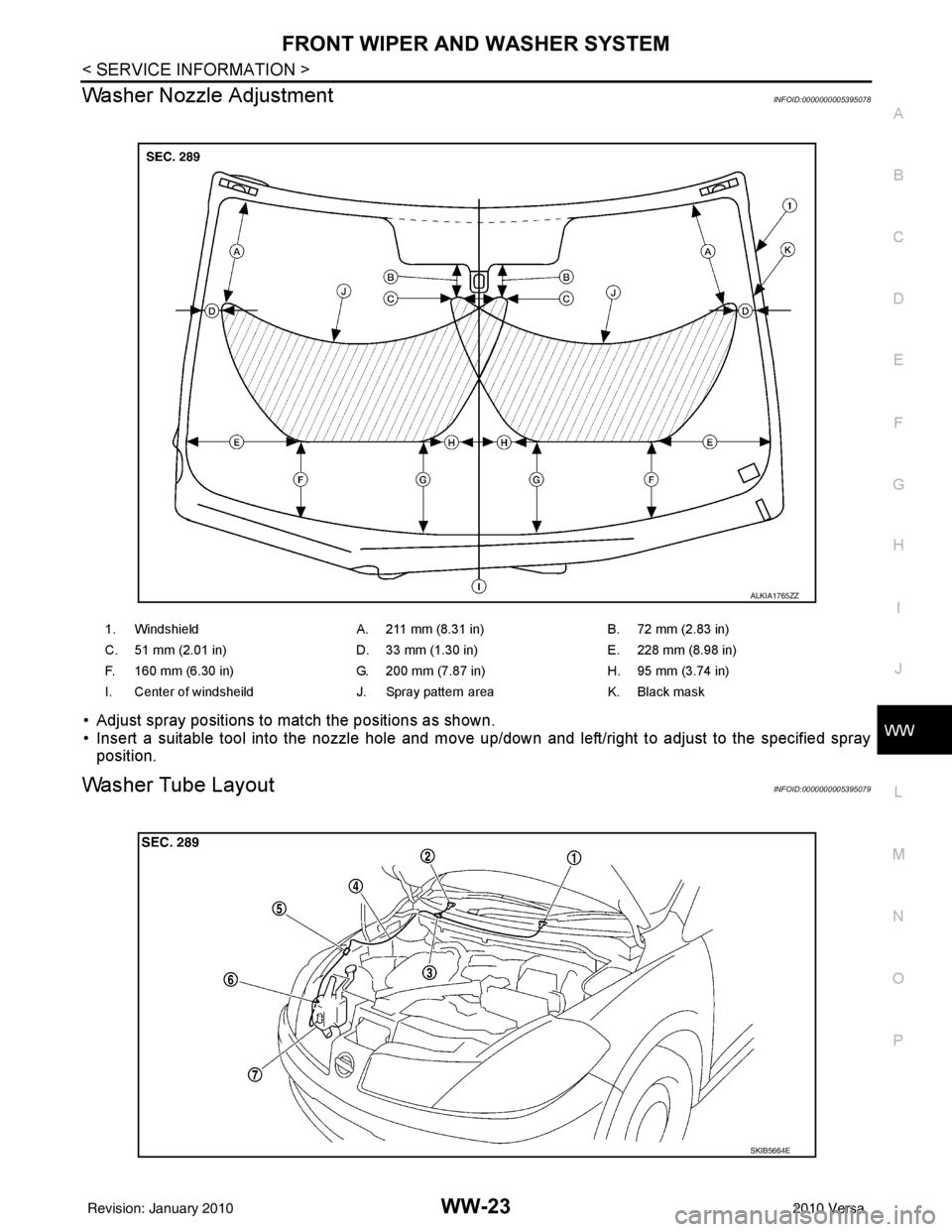 NISSAN LATIO 2010  Service Repair Manual FRONT WIPER AND WASHER SYSTEMWW-23
< SERVICE INFORMATION >
C
DE
F
G H
I
J
L
M A
B
WW
N
O P
Washer Nozzle AdjustmentINFOID:0000000005395078
• Adjust spray positions to match the positions as shown.
