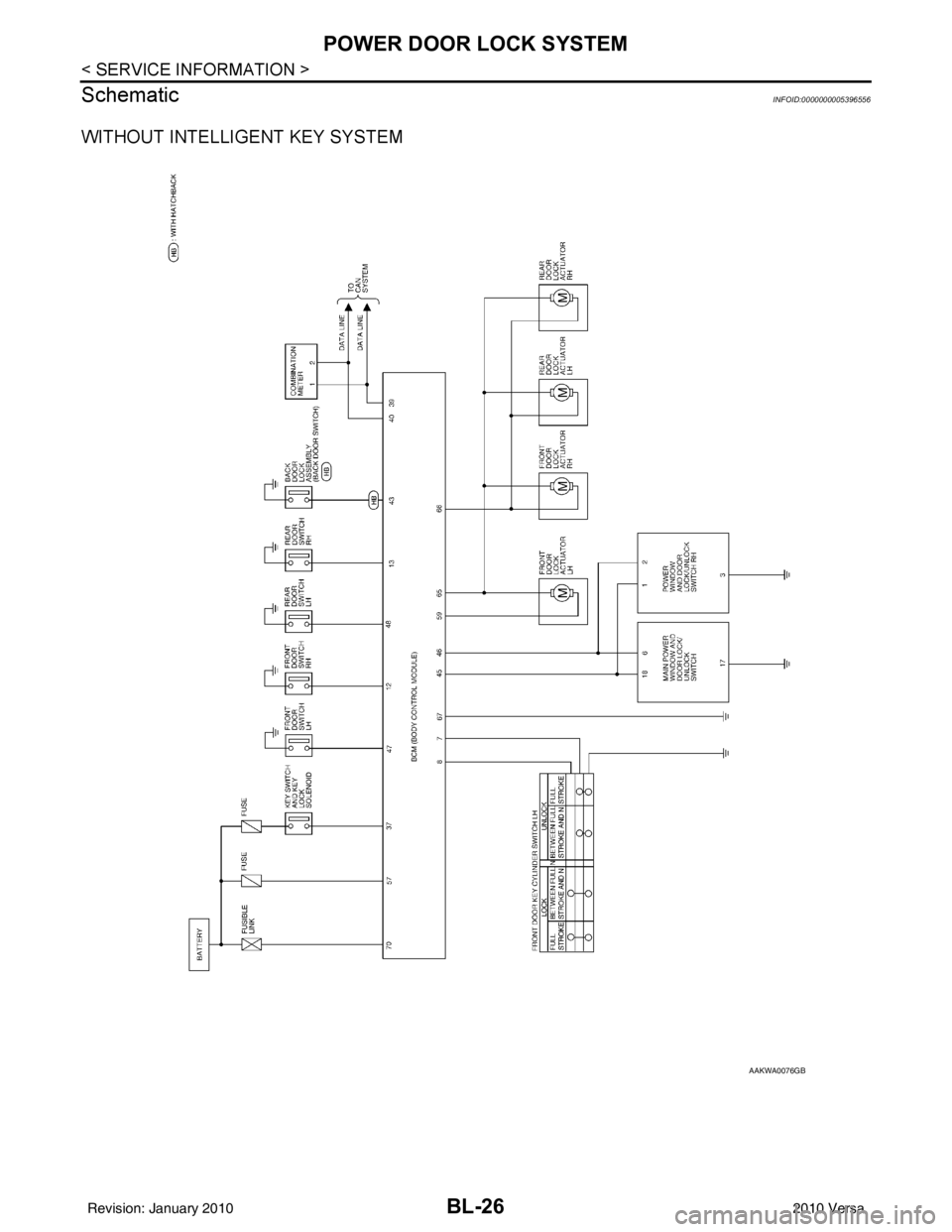NISSAN LATIO 2010  Service Repair Manual BL-26
< SERVICE INFORMATION >
POWER DOOR LOCK SYSTEM
Schematic
INFOID:0000000005396556
WITHOUT INTELLIGENT KEY SYSTEM
AAKWA0076GB
Revision: January 20102010 Versa 