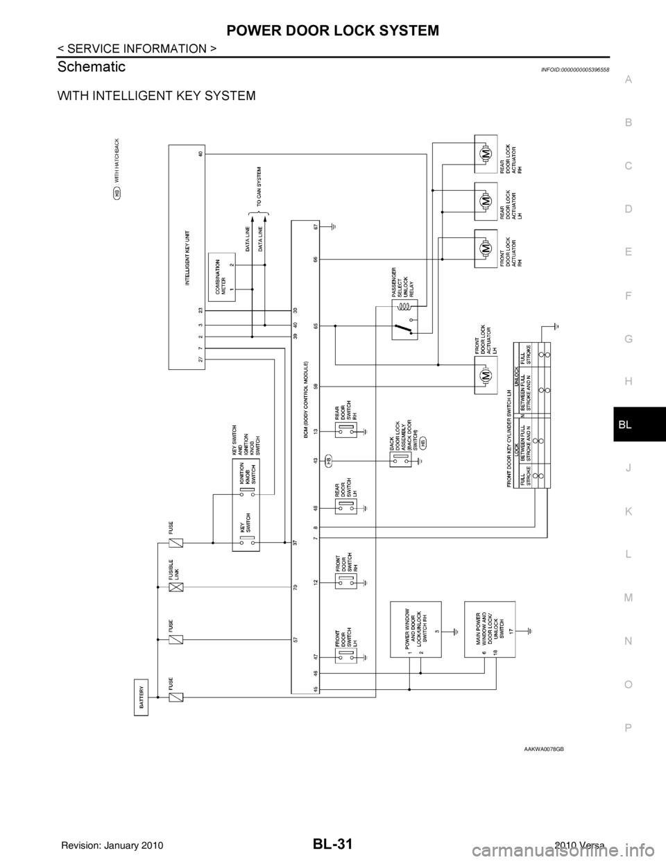 NISSAN LATIO 2010  Service Repair Manual POWER DOOR LOCK SYSTEMBL-31
< SERVICE INFORMATION >
C
DE
F
G H
J
K L
M A
B
BL
N
O P
SchematicINFOID:0000000005396558
WITH INTELLIGENT KEY SYSTEM
AAKWA0078GB
Revision: January 20102010 Versa 