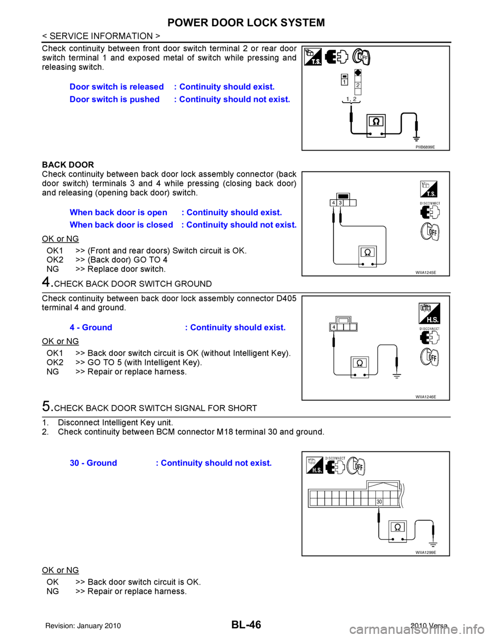 NISSAN LATIO 2010  Service Repair Manual BL-46
< SERVICE INFORMATION >
POWER DOOR LOCK SYSTEM
Check continuity between front door switch terminal 2 or rear door
switch terminal 1 and exposed metal of switch while pressing and
releasing switc