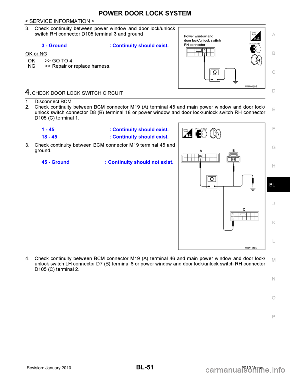 NISSAN LATIO 2010  Service Repair Manual POWER DOOR LOCK SYSTEMBL-51
< SERVICE INFORMATION >
C
DE
F
G H
J
K L
M A
B
BL
N
O P
3. Check continuity between power window and door lock/unlock switch RH connector D105 terminal 3 and ground
OK or N