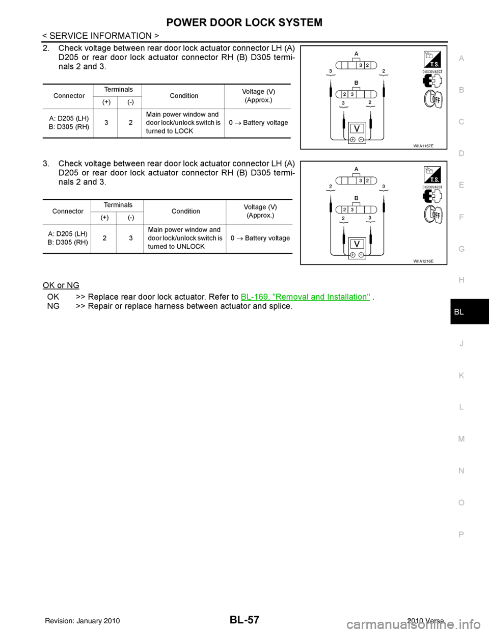 NISSAN LATIO 2010  Service Repair Manual POWER DOOR LOCK SYSTEMBL-57
< SERVICE INFORMATION >
C
DE
F
G H
J
K L
M A
B
BL
N
O P
2. Check voltage between rear door lock actuator connector LH (A) D205 or rear door lock actuator connector RH (B) D