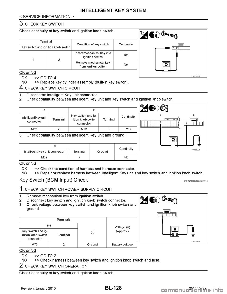 NISSAN LATIO 2010  Service Repair Manual BL-128
< SERVICE INFORMATION >
INTELLIGENT KEY SYSTEM
3.CHECK KEY SWITCH
Check continuity of key switch and ignition knob switch.
OK or NG
OK >> GO TO 4
NG >> Replace key cylinder assembly (built-in k