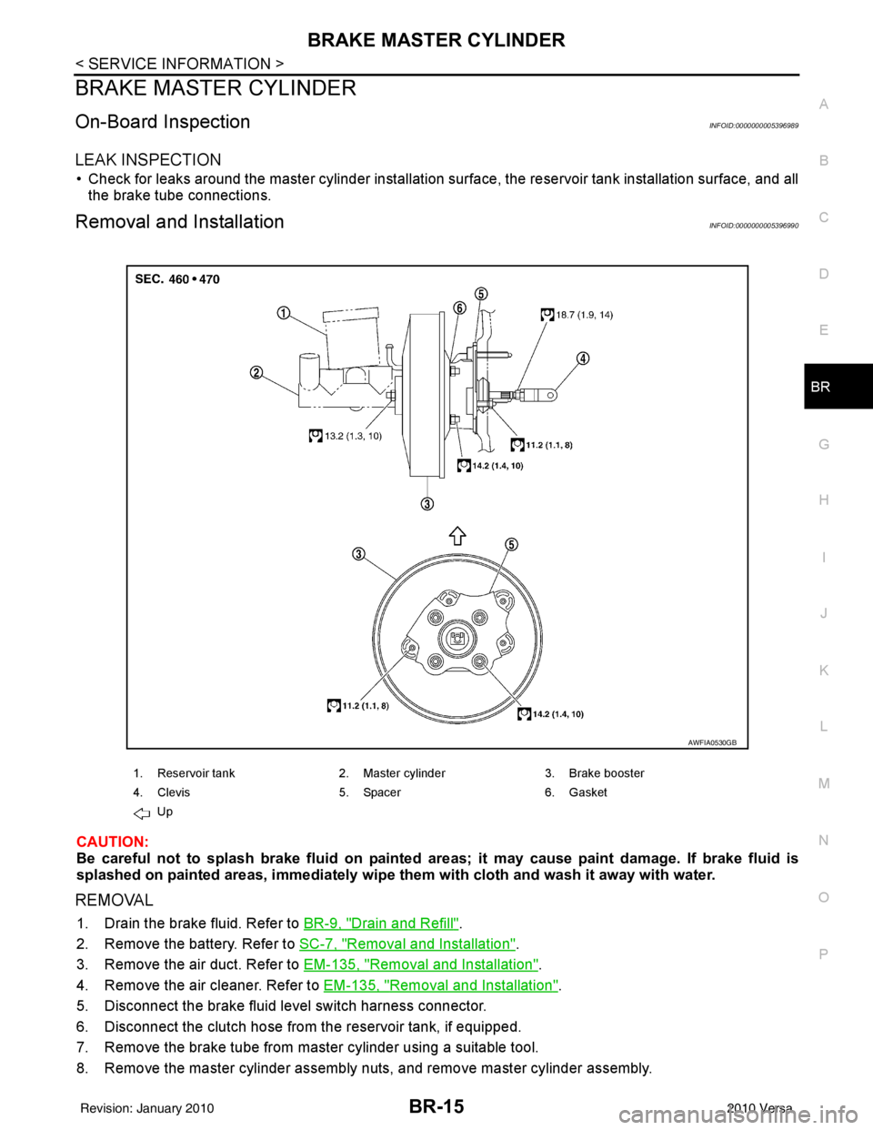 NISSAN LATIO 2010 Service Repair Manual BRAKE MASTER CYLINDERBR-15
< SERVICE INFORMATION >
C
DE
G H
I
J
K L
M A
B
BR
N
O P
BRAKE MASTER CYLINDER
On-Board InspectionINFOID:0000000005396989
LEAK INSPECTION
• Check for leaks around the maste NISSAN LATIO 2010 Service Repair Manual BRAKE MASTER CYLINDERBR-15
< SERVICE INFORMATION >
C
DE
G H
I
J
K L
M A
B
BR
N
O P
BRAKE MASTER CYLINDER
On-Board InspectionINFOID:0000000005396989
LEAK INSPECTION
• Check for leaks around the maste