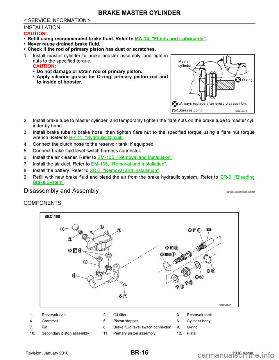 NISSAN LATIO 2010 Service Repair Manual BR-16
< SERVICE INFORMATION >
BRAKE MASTER CYLINDER
INSTALLATION
CAUTION:
• Refill using recommended brake fluid. Refer to MA-14, "
Fluids and Lubricants".
• Never reuse drained brake fluid.
• C NISSAN LATIO 2010 Service Repair Manual BR-16
< SERVICE INFORMATION >
BRAKE MASTER CYLINDER
INSTALLATION
CAUTION:
• Refill using recommended brake fluid. Refer to MA-14, "
Fluids and Lubricants".
• Never reuse drained brake fluid.
• C