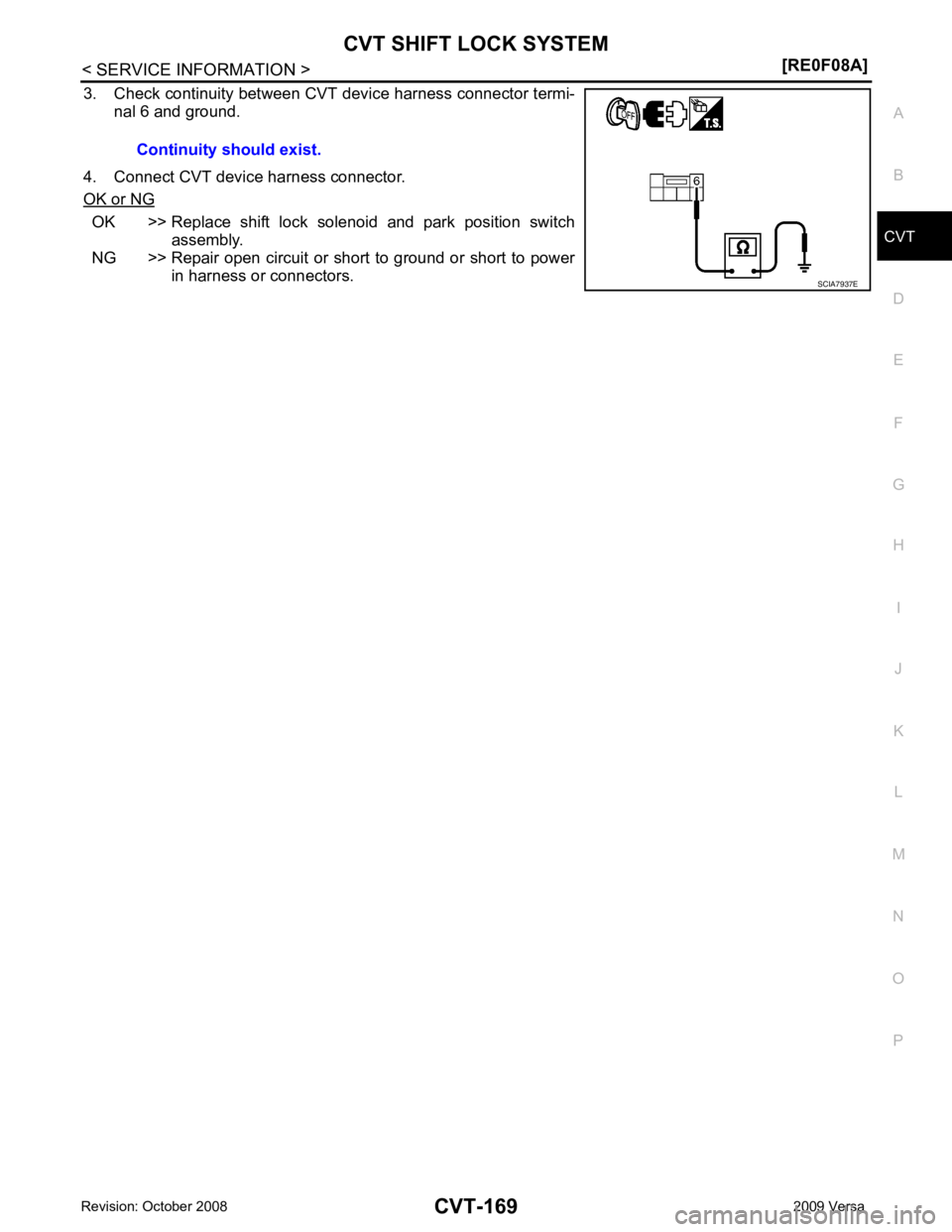 NISSAN LATIO 2009  Service Repair Manual CVT
N
O P
3. Check continuity between CVT device harness connector termi-
nal 6 and ground.
4. Connect CVT device harness connector.
OK or NG OK >> Replace  shift  lock  solenoid  and  park  position 