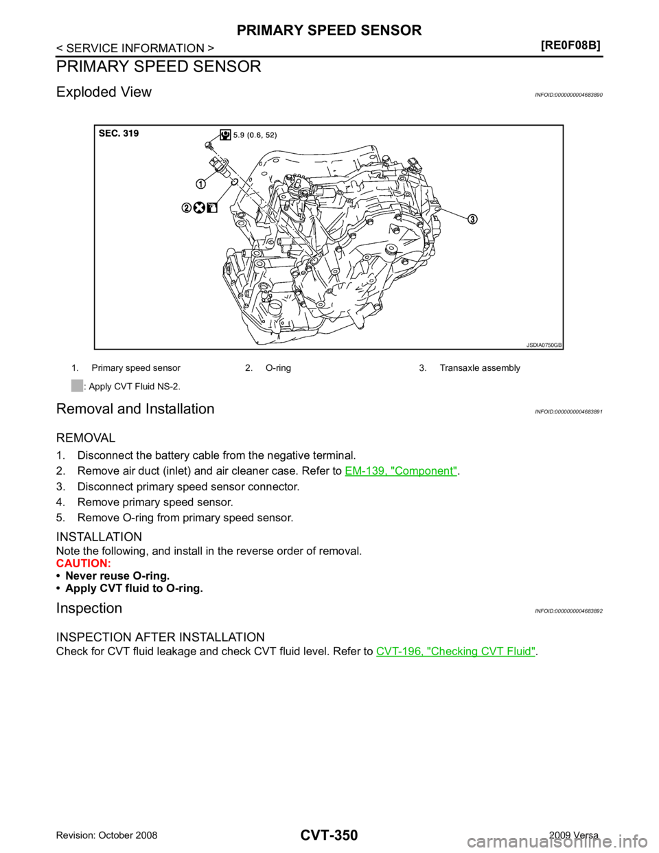 NISSAN LATIO 2009  Service Repair Manual Component " .
3. Disconnect primary speed sensor connector.
4. Remove primary speed sensor.
5. Remove O-ring from primary speed sensor.
INSTALLATION
Note the following, and install in the reverse orde